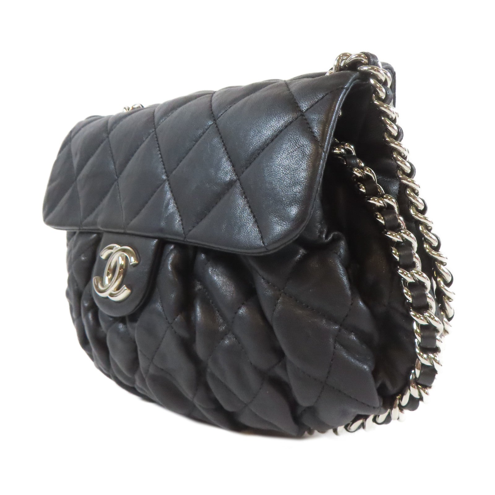 CHANEL 菱格牛皮皮革Chain Shoulder銀扣鏈帶肩背袋黑色