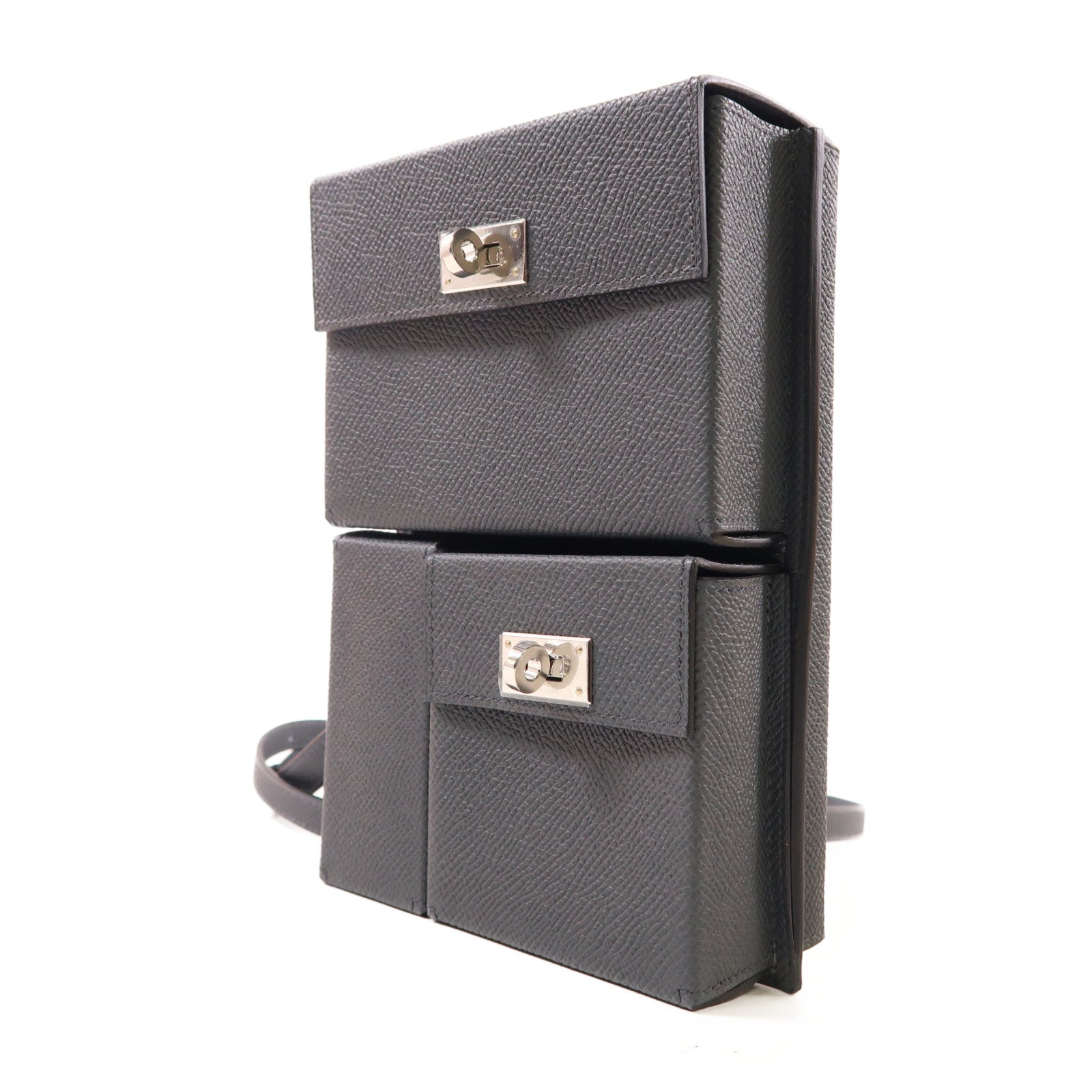 HERMES Epsom皮革Kelly Multipocket To Go銀扣肩背袋Gris Misty