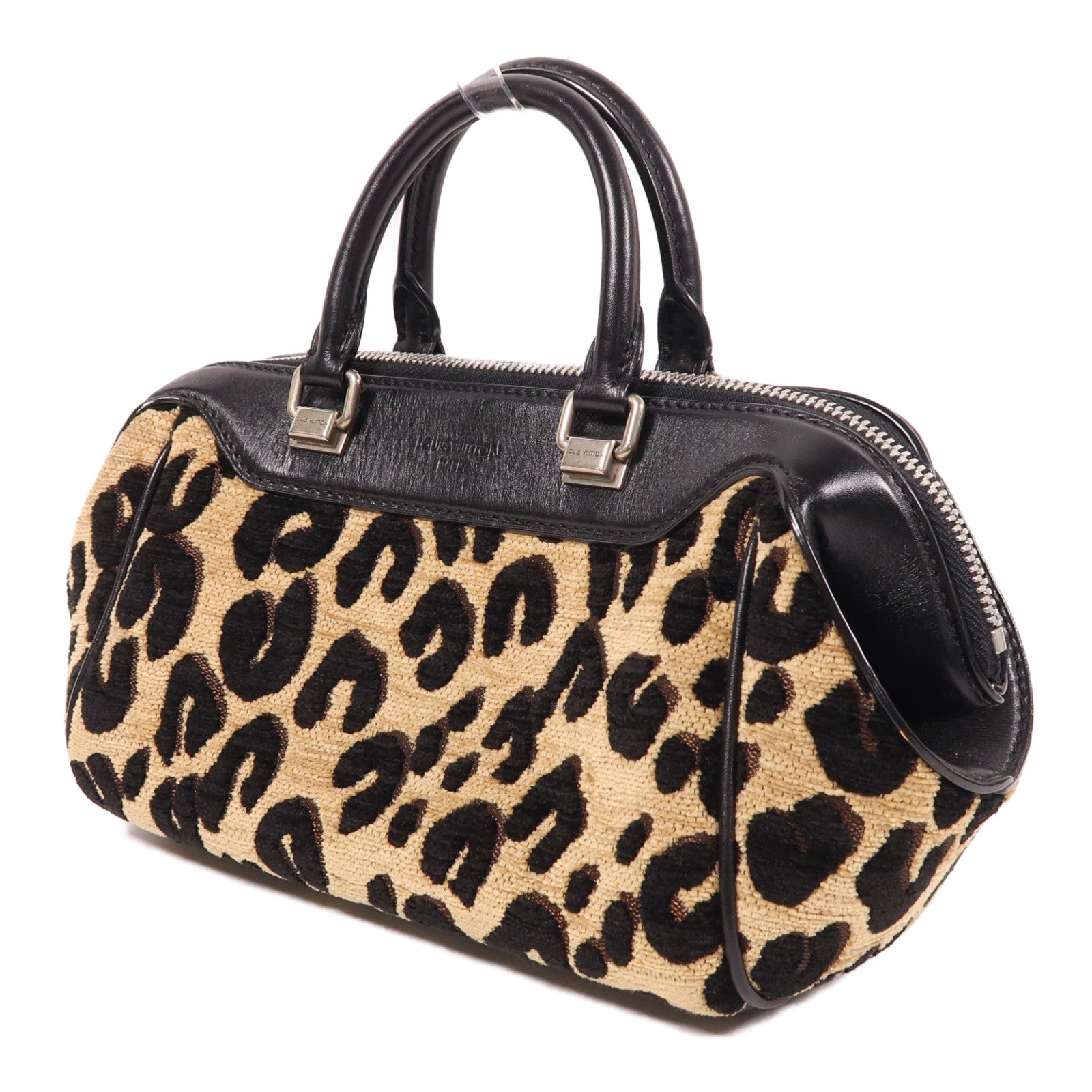 LOUIS VUITTON 植絨Leopard Baby銀扣手挽袋米色/黑色