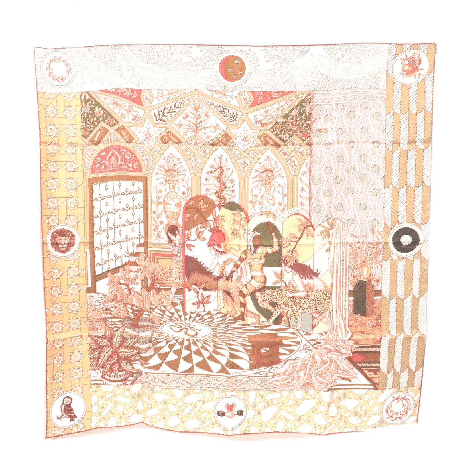 HERMES Scarf Scarves Silk Brown Red Gold