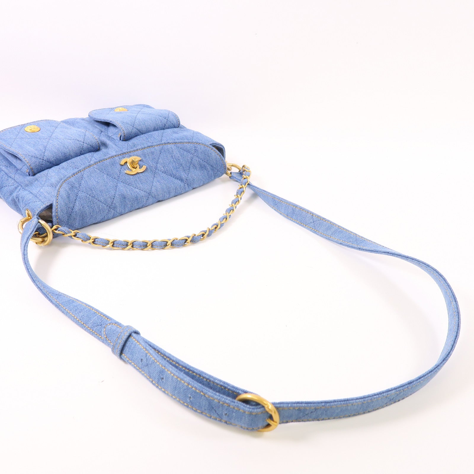 CHANEL 牛仔布Hobo Hand Bag金扣鏈帶手挽肩背兩用袋