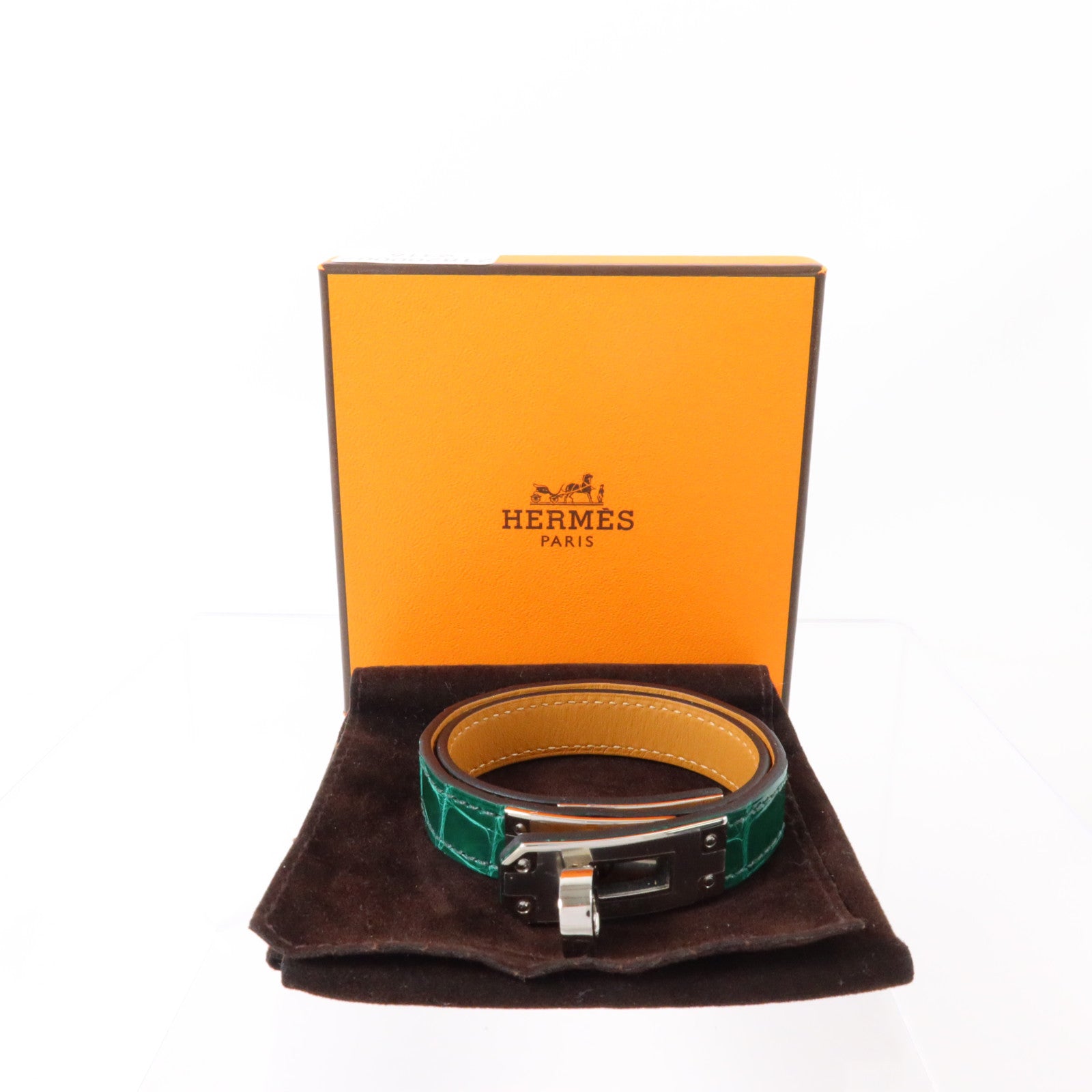 HERMES Alligator/蜥蜴皮革Kelly Double Tour Bracelet銀扣手鏈Vert Emerald
