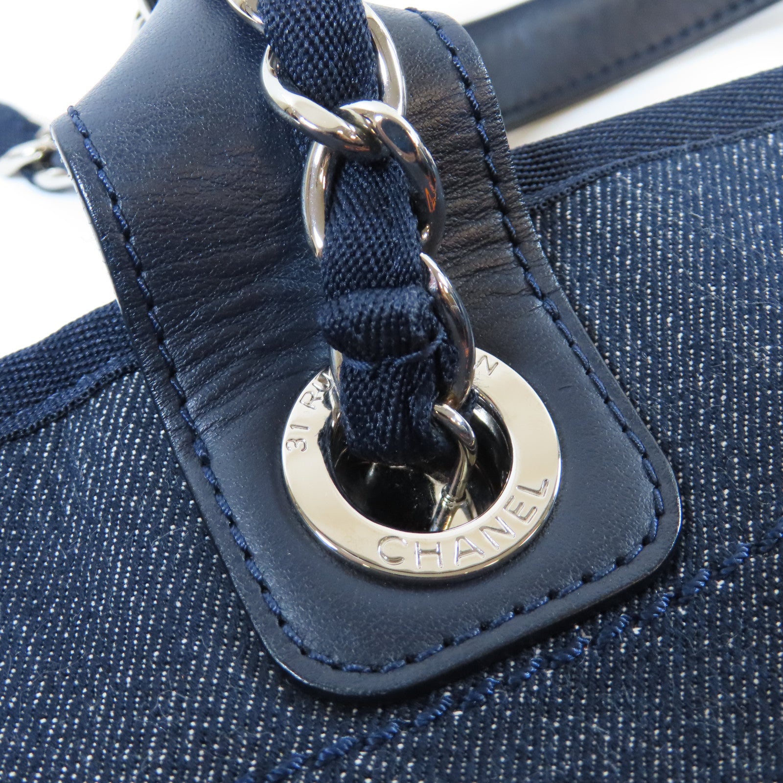 CHANEL 牛仔布Deauville Tote Bag銀扣手挽肩背兩用袋藍色/橙色