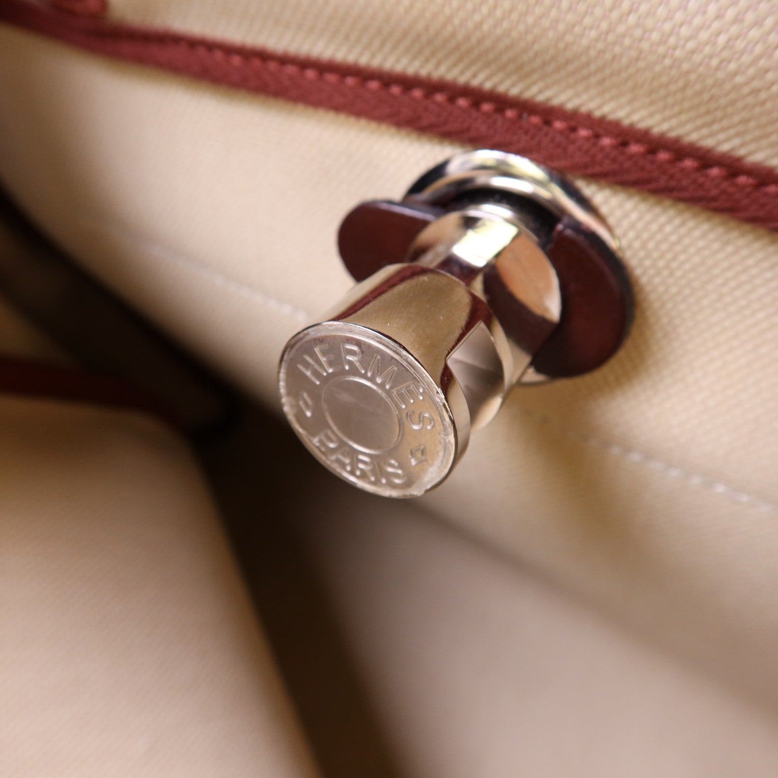 HERMES 帆布Herbag PM銀扣手挽肩背兩用袋Beton//Rouge Sellier