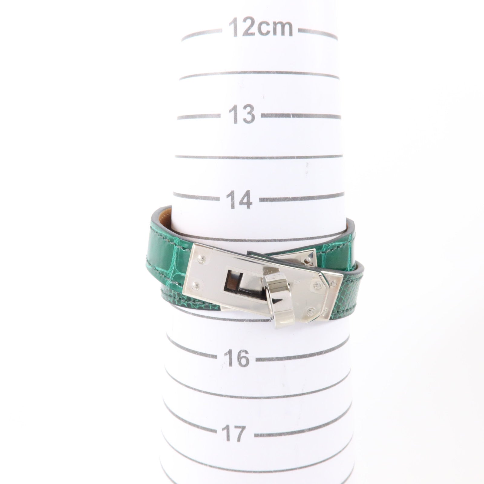 HERMES Alligator/蜥蜴皮革Kelly Double Tour Bracelet銀扣手鏈Vert Emerald