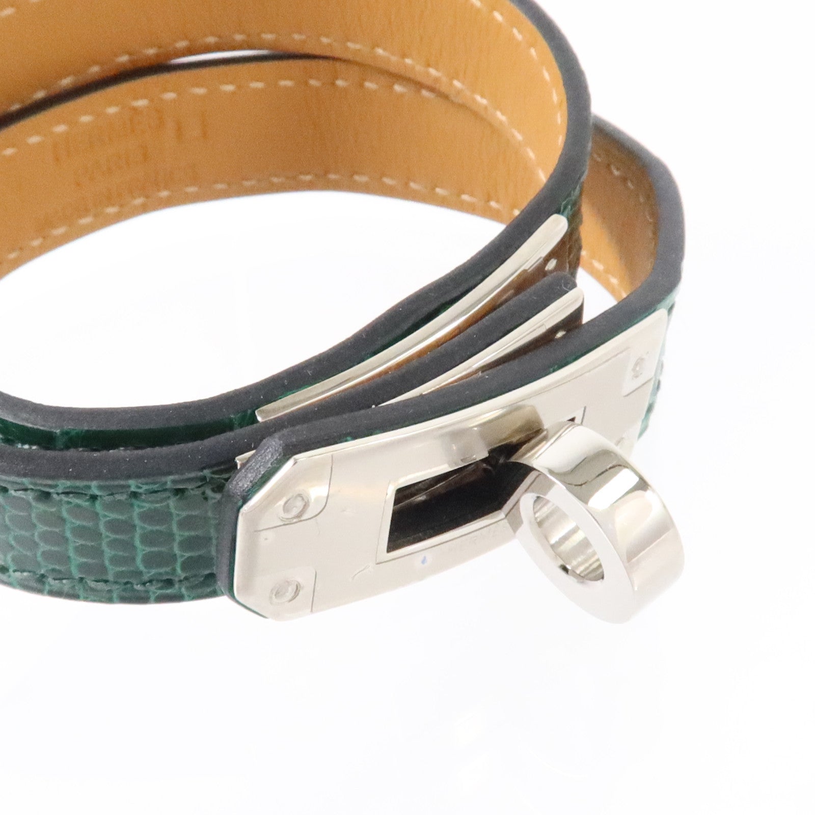 HERMES Alligator/蜥蜴皮革Kelly Double Tour Bracelet銀扣手鏈Vert Emerald