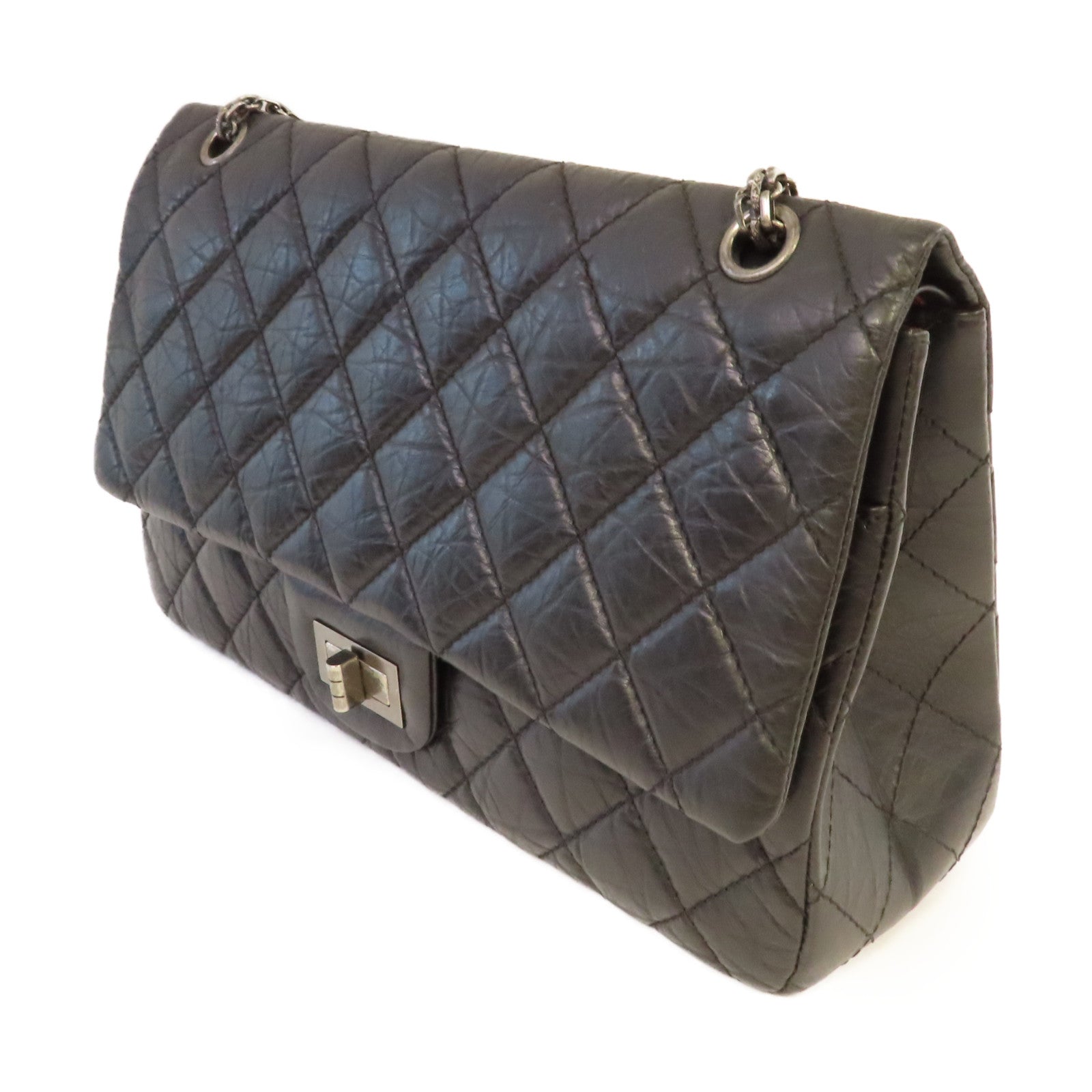 CHANEL **【激減優惠】菱格牛皮皮革2.55 Jumbo Shoulder Bag銀扣鏈帶肩背袋黑色