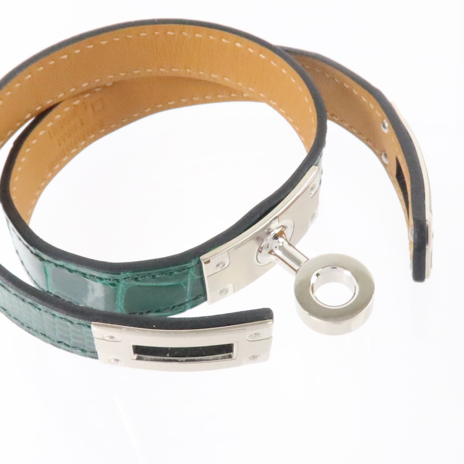 HERMES Alligator/蜥蜴皮革Kelly Double Tour Bracelet銀扣手鏈Vert Emerald