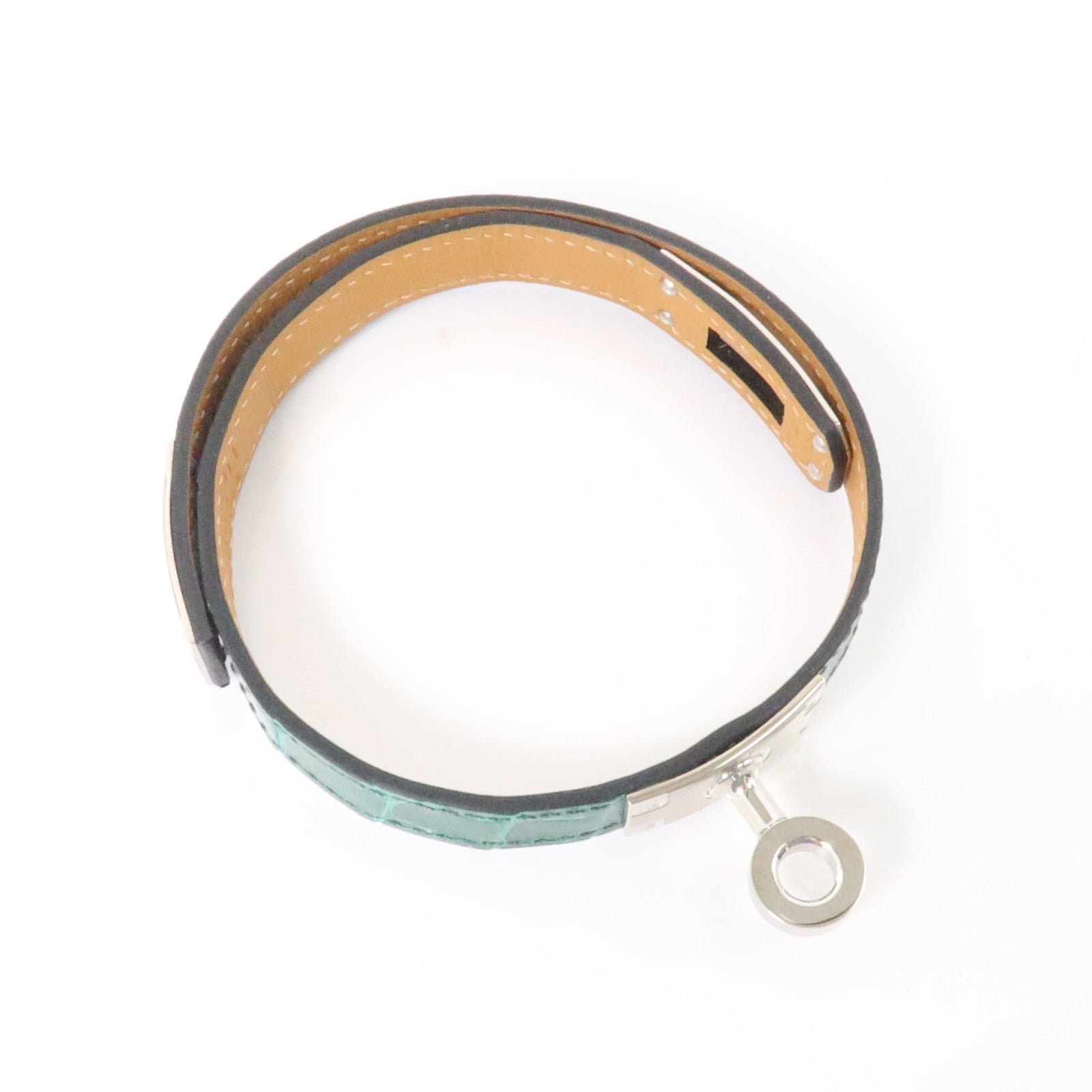 HERMES Alligator/蜥蜴皮革Kelly Double Tour Bracelet銀扣手鏈Vert Emerald