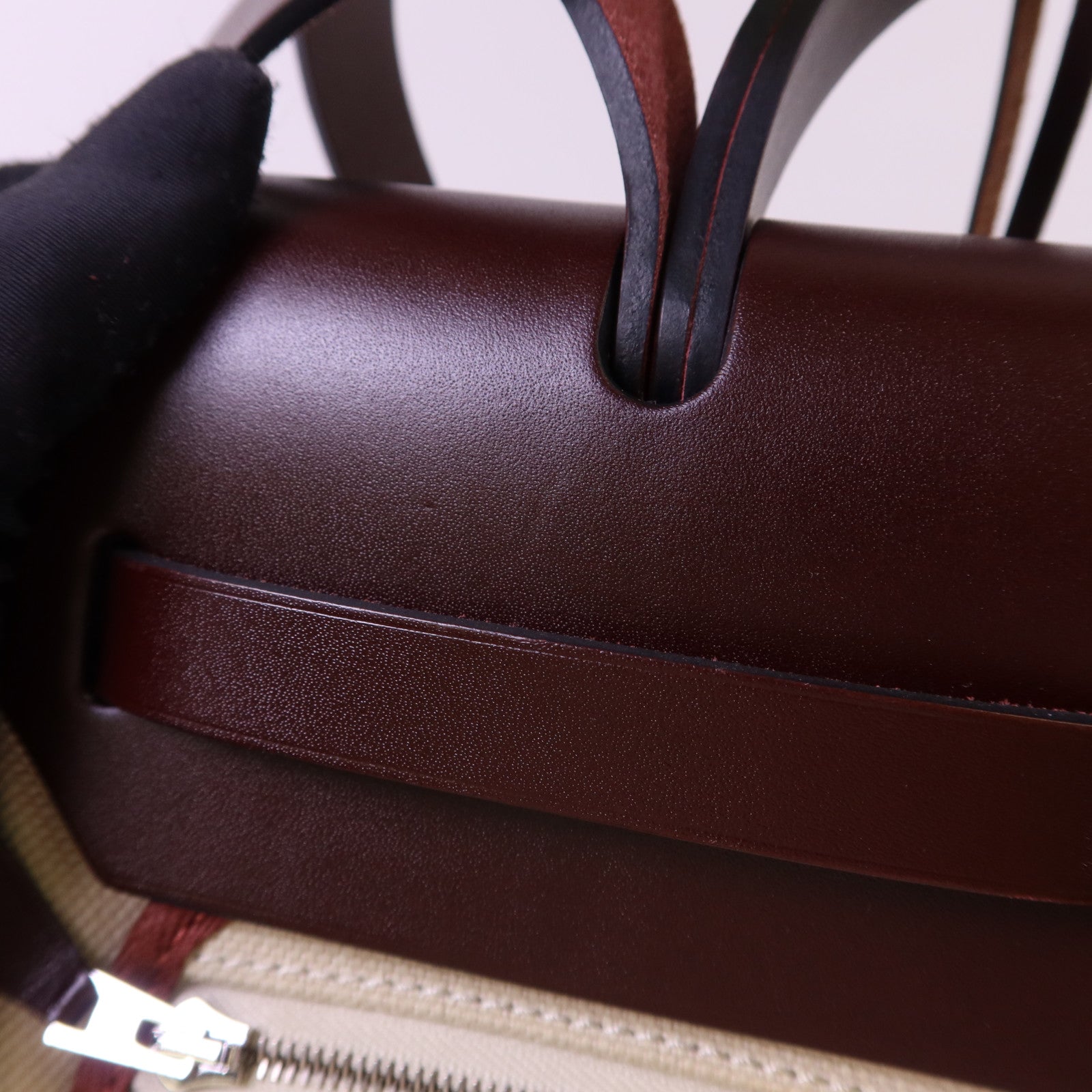 HERMES 帆布Herbag PM銀扣手挽肩背兩用袋Beton//Rouge Sellier
