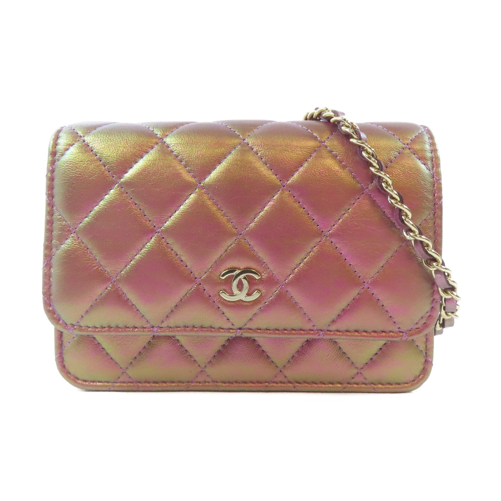 CHANEL 菱格羊皮皮革Chain Shoulder Bag金扣鏈帶肩背袋金屬粉紅色