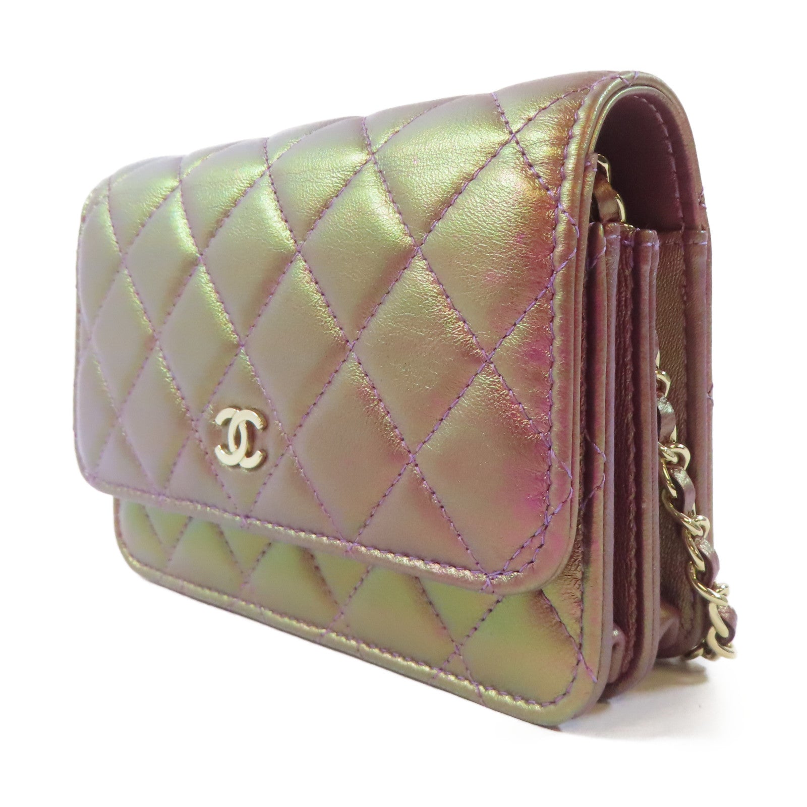 CHANEL 菱格羊皮皮革Chain Shoulder Bag金扣鏈帶肩背袋金屬粉紅色