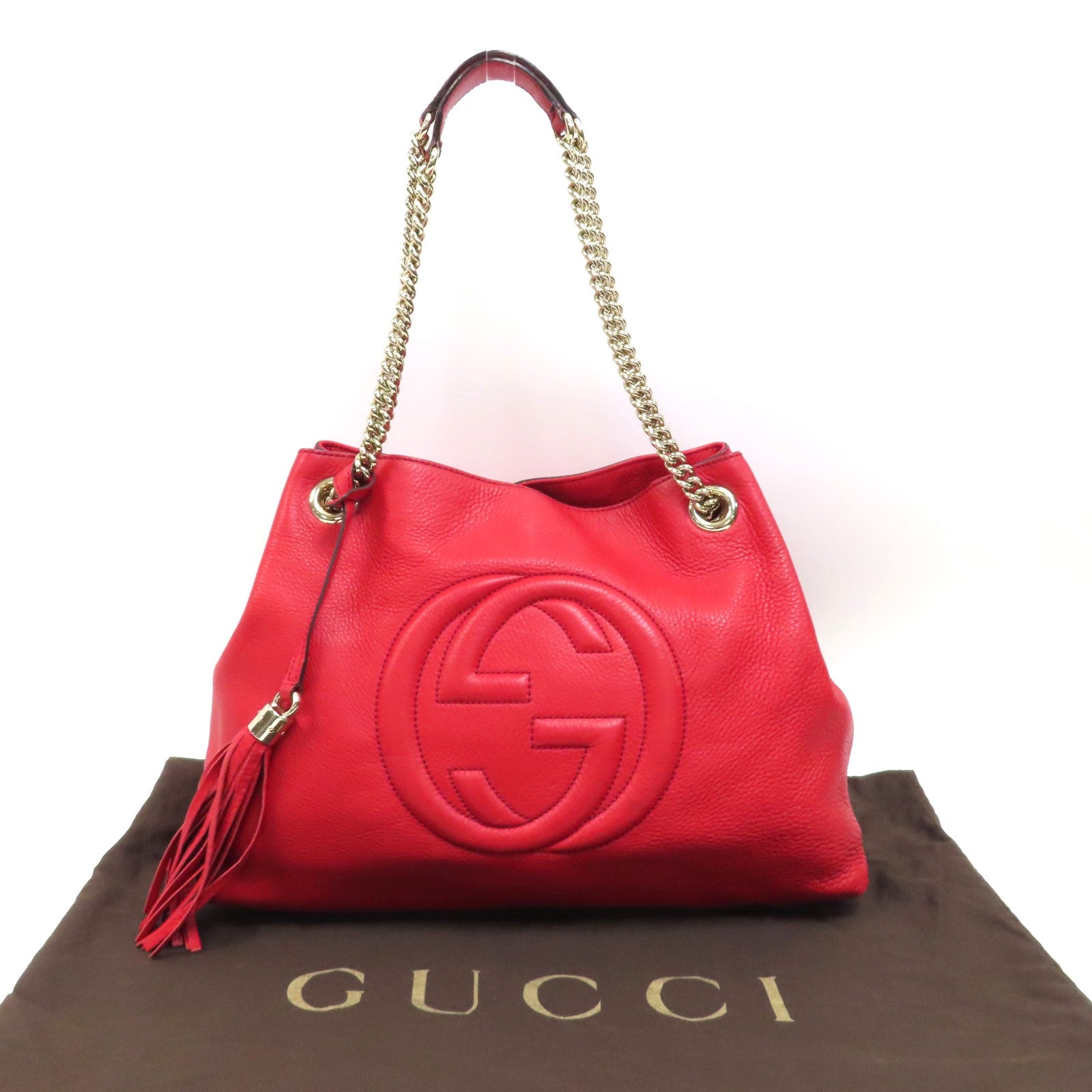 GUCCI 牛皮皮革Tote Bag金扣肩背袋紅色