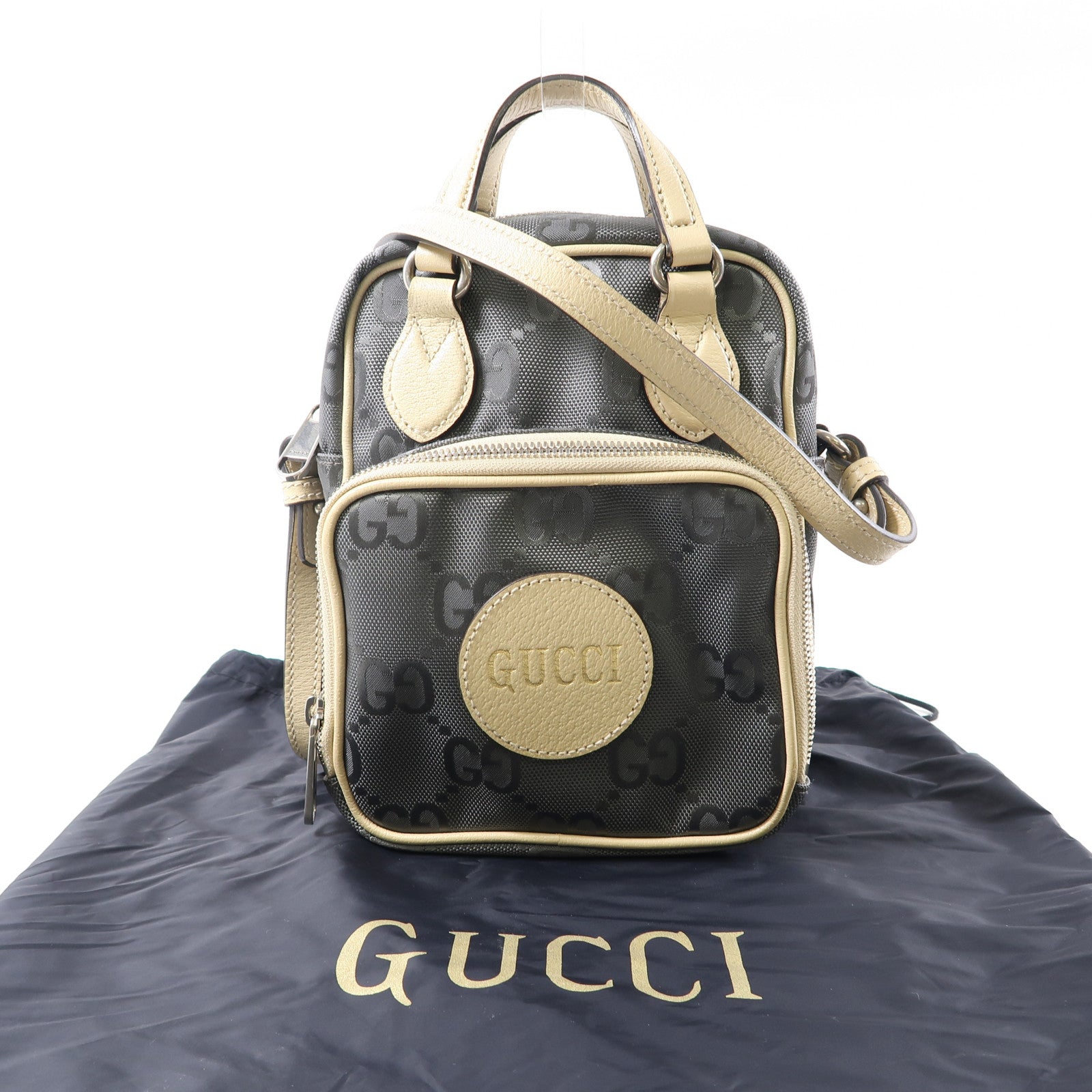 GUCCI 尼龍2 Way Shoulder銀扣手挽肩背兩用袋綠色/米色