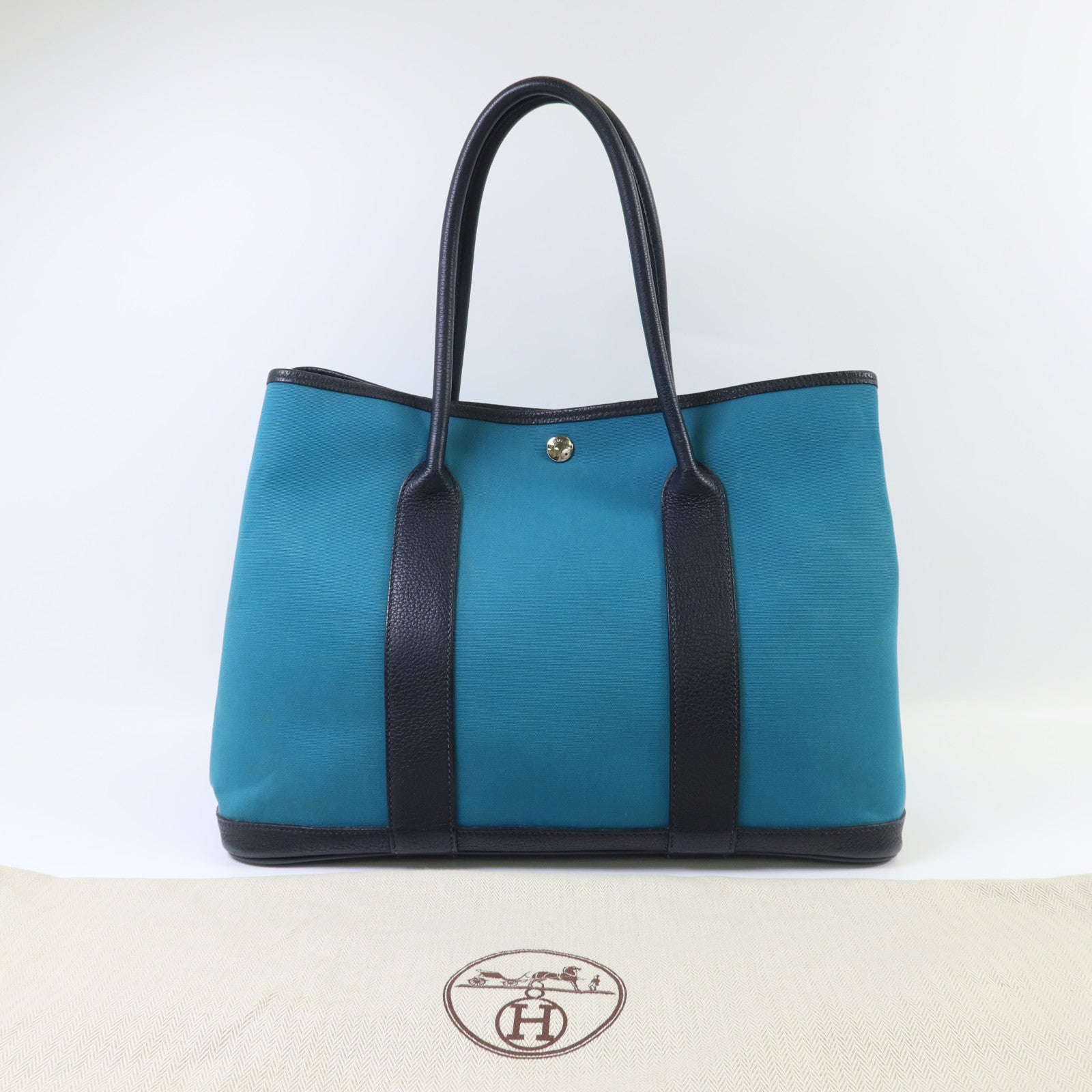 HERMES 帆布Garden Party PM銀扣手挽袋Bleu Paon