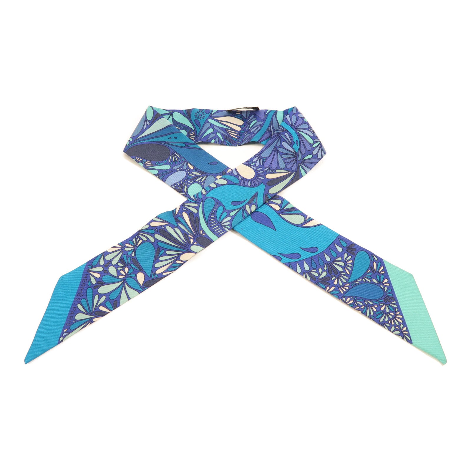 HERMES 絲質Twilly絲巾藍色