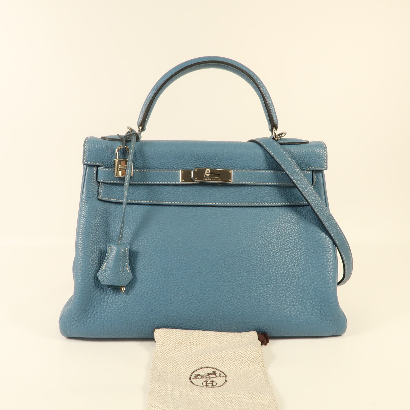 HERMES Togo皮革Kelly 32銀扣手挽肩背兩用袋Blue Jean