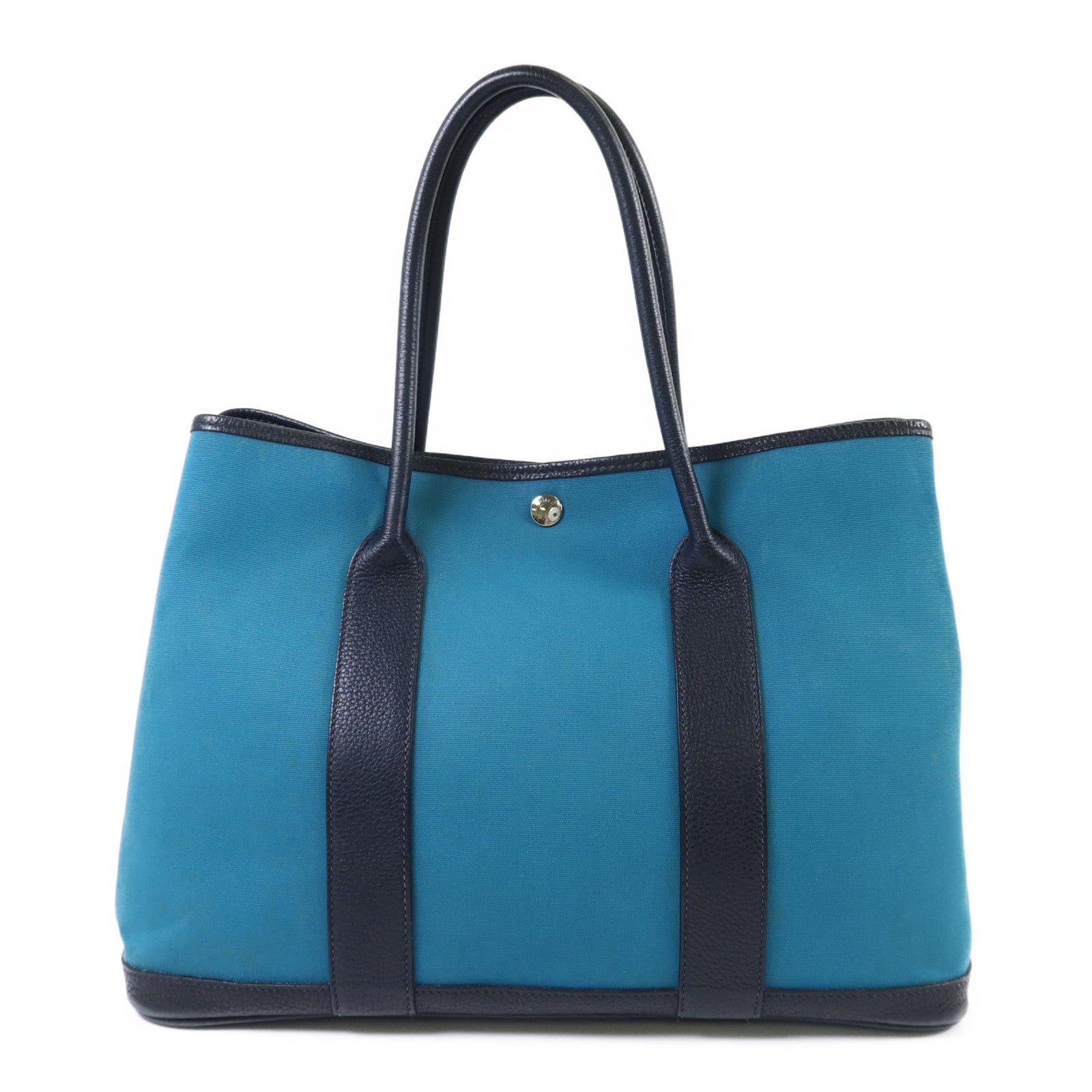 HERMES 【激減優惠】帆布Garden Party PM銀扣手挽袋Bleu Paon