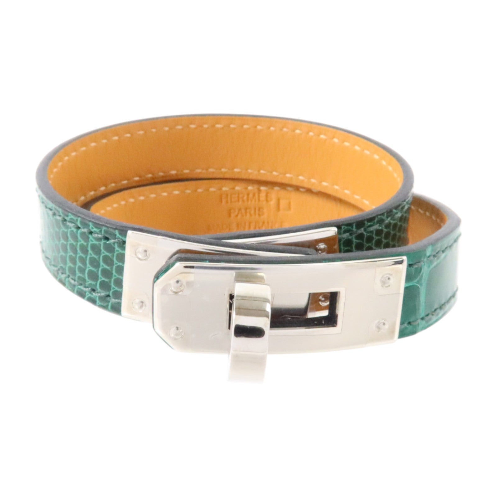 HERMES Alligator/蜥蜴皮革Kelly Double Tour Bracelet銀扣手鏈Vert Emerald