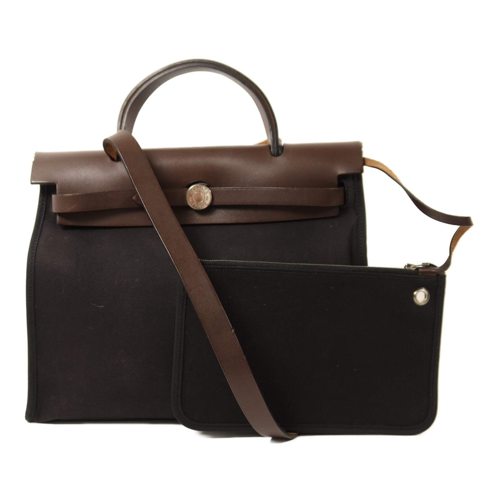 HERMES 帆布Herbag PM銀扣手挽肩背兩用袋Noir