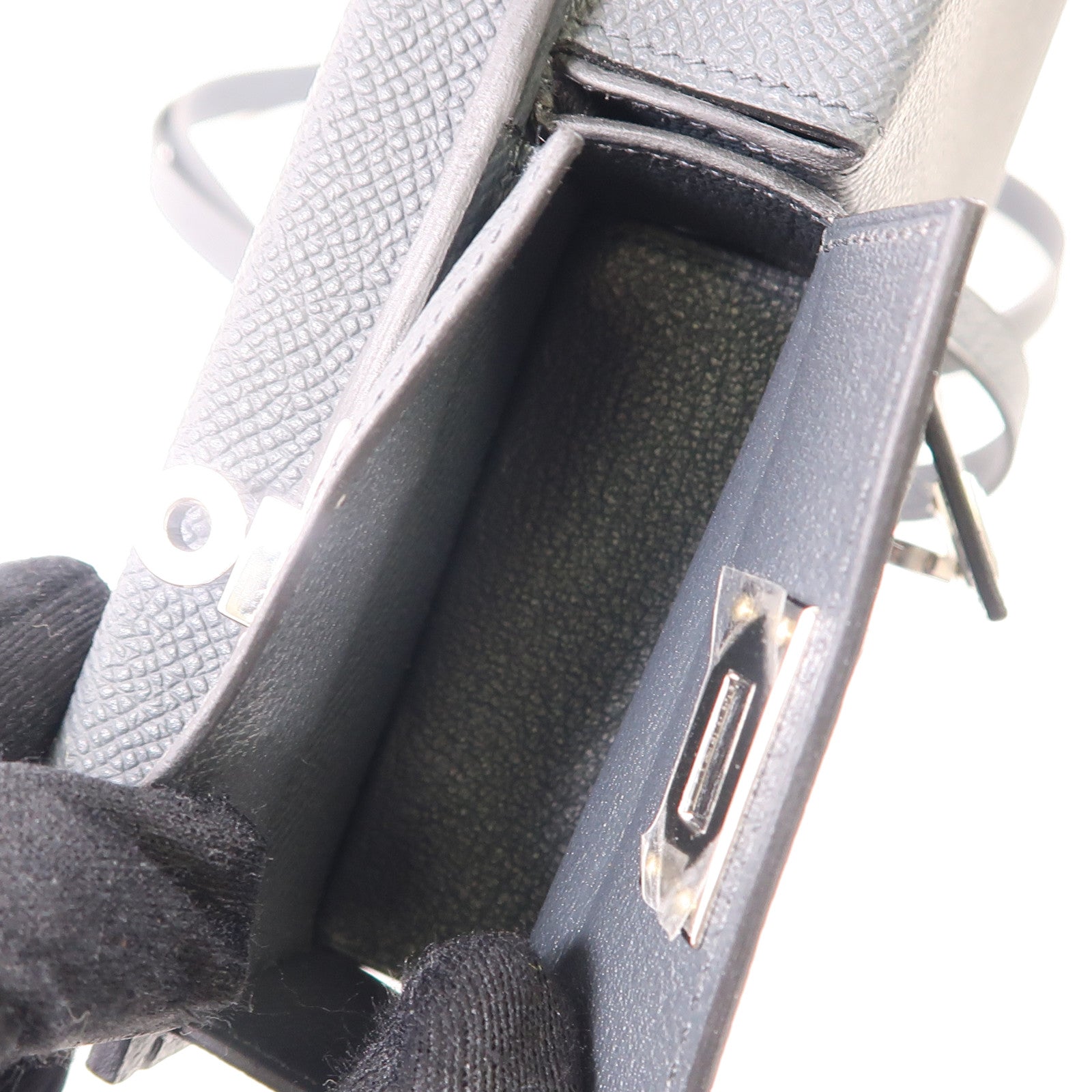 HERMES Epsom皮革Kelly Multipocket To Go銀扣肩背袋Gris Misty