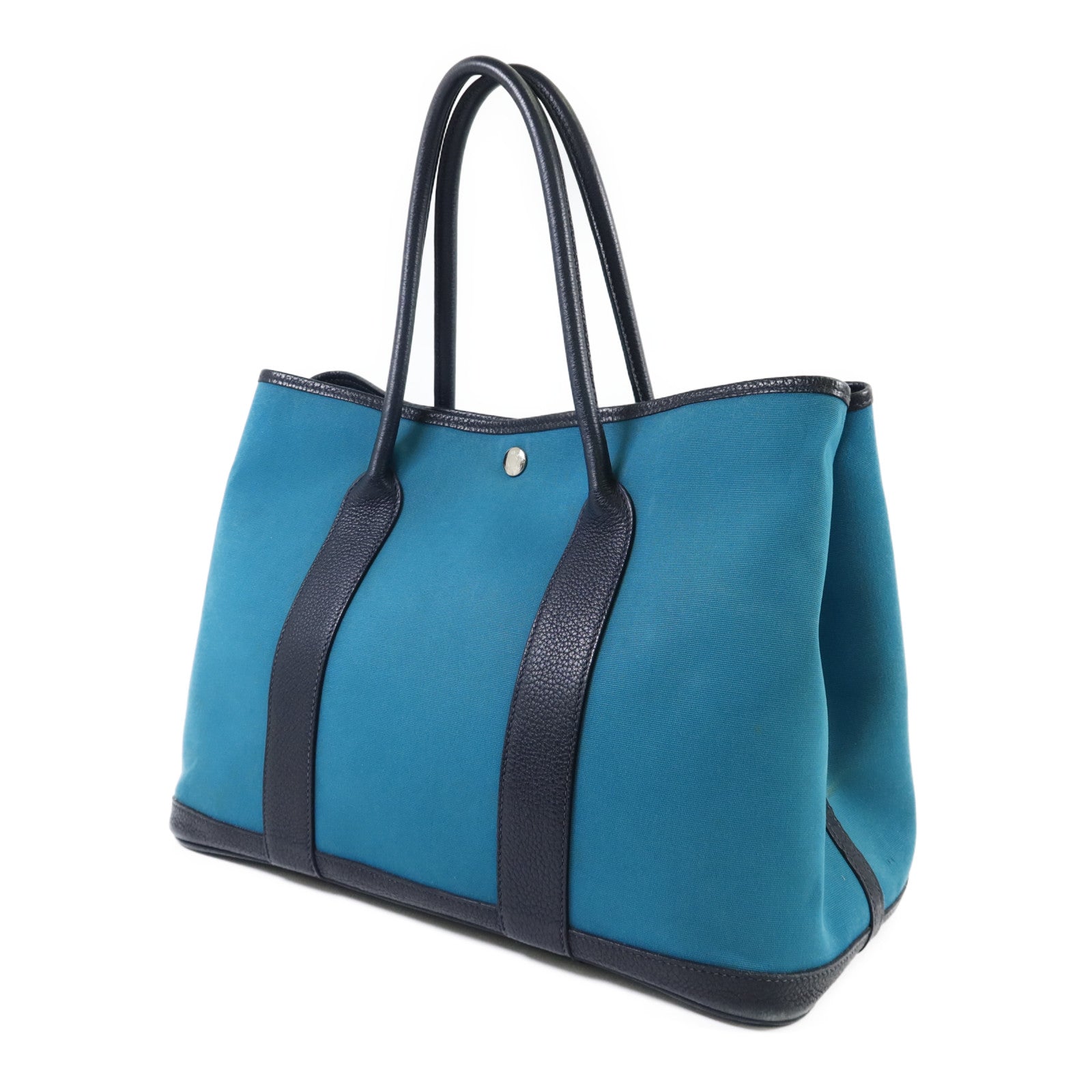 HERMES 帆布Garden Party PM銀扣手挽袋Bleu Paon