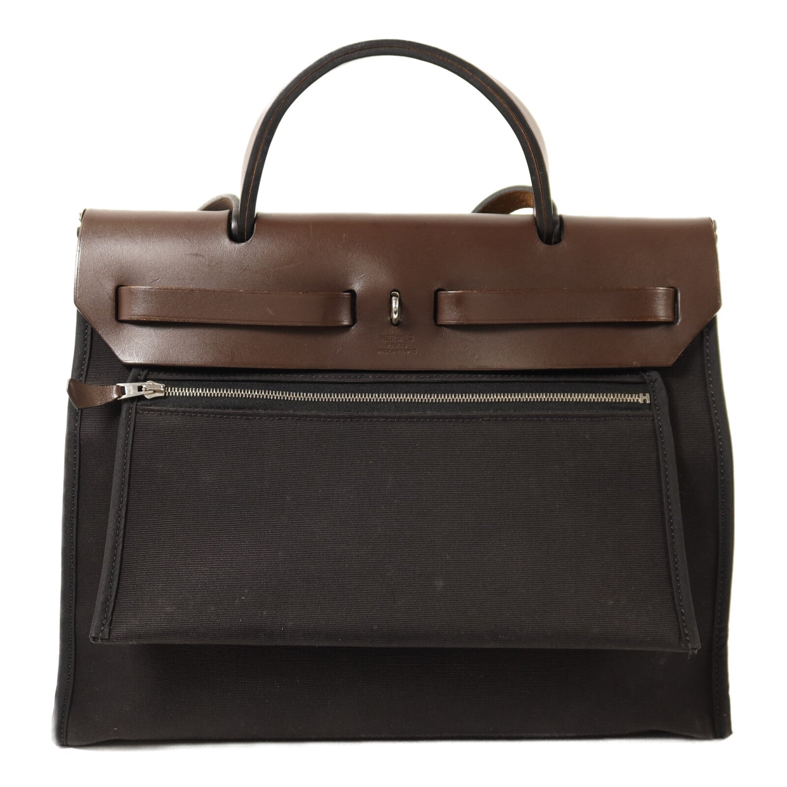 HERMES 帆布Herbag PM銀扣手挽肩背兩用袋Noir