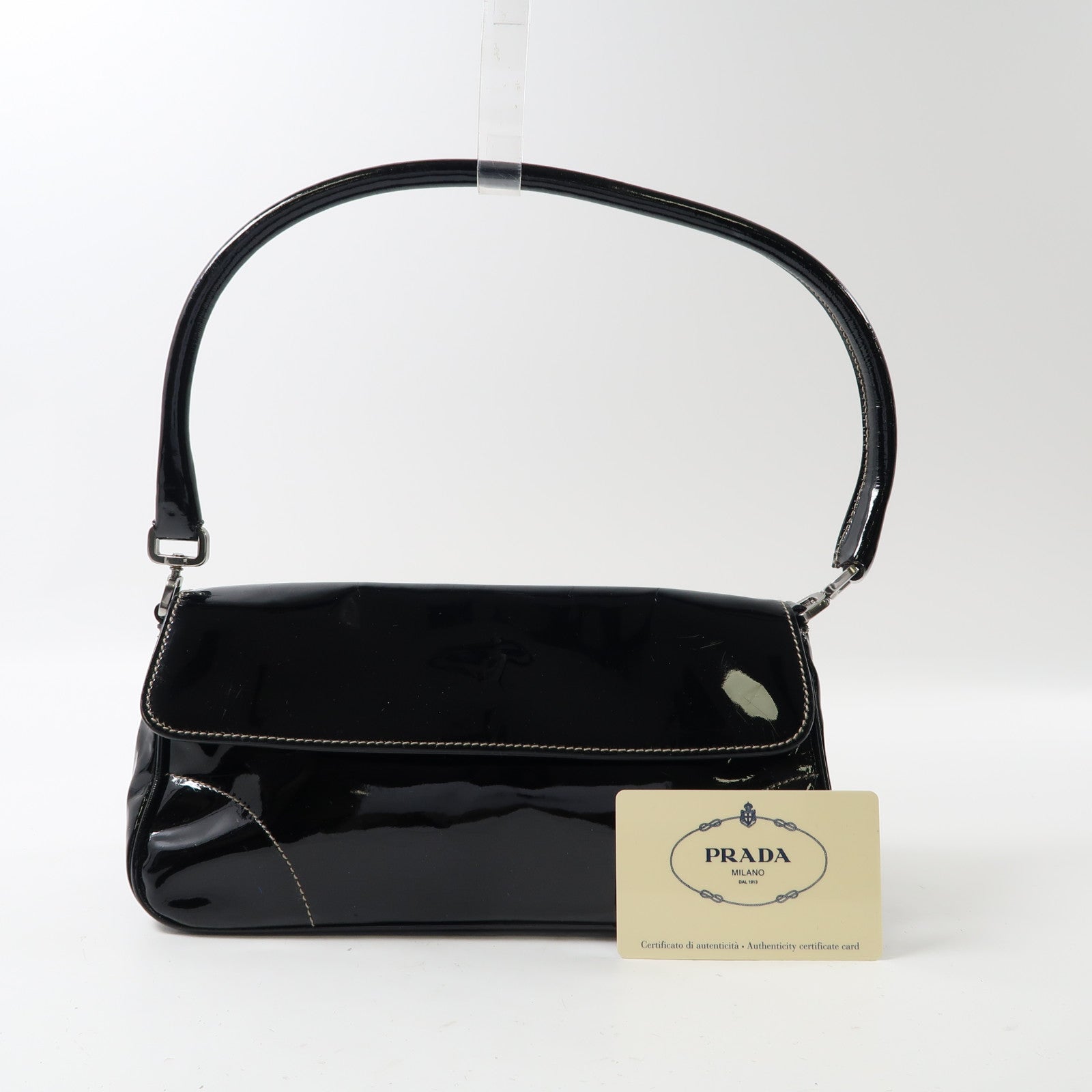 PRADA 【激減優惠】漆皮皮革Hand Bag銀扣肩背袋黑色