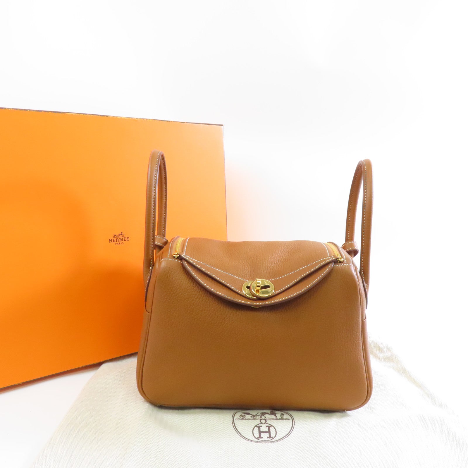 HERMES Clemence皮革Lindy 26金扣手挽肩背兩用袋Gold/棕色
