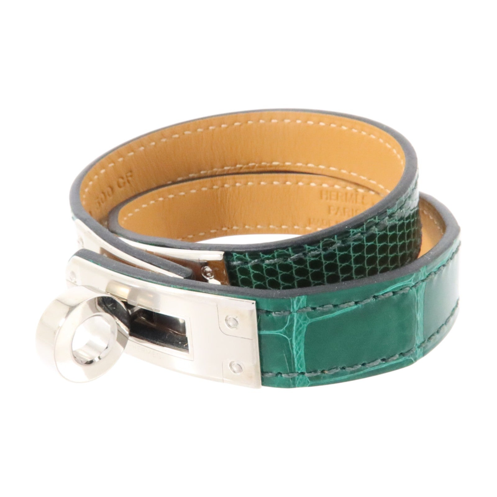 HERMES Alligator/蜥蜴皮革Kelly Double Tour Bracelet銀扣手鏈Vert Emerald