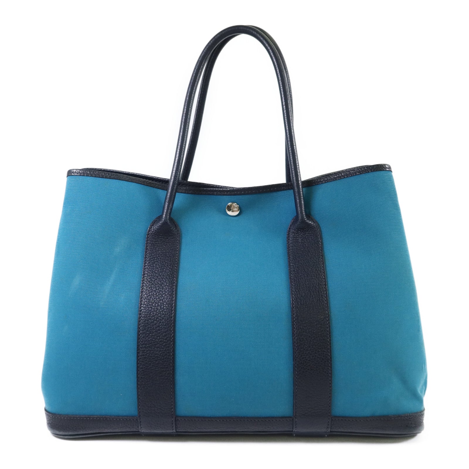 HERMES 帆布Garden Party PM銀扣手挽袋Bleu Paon
