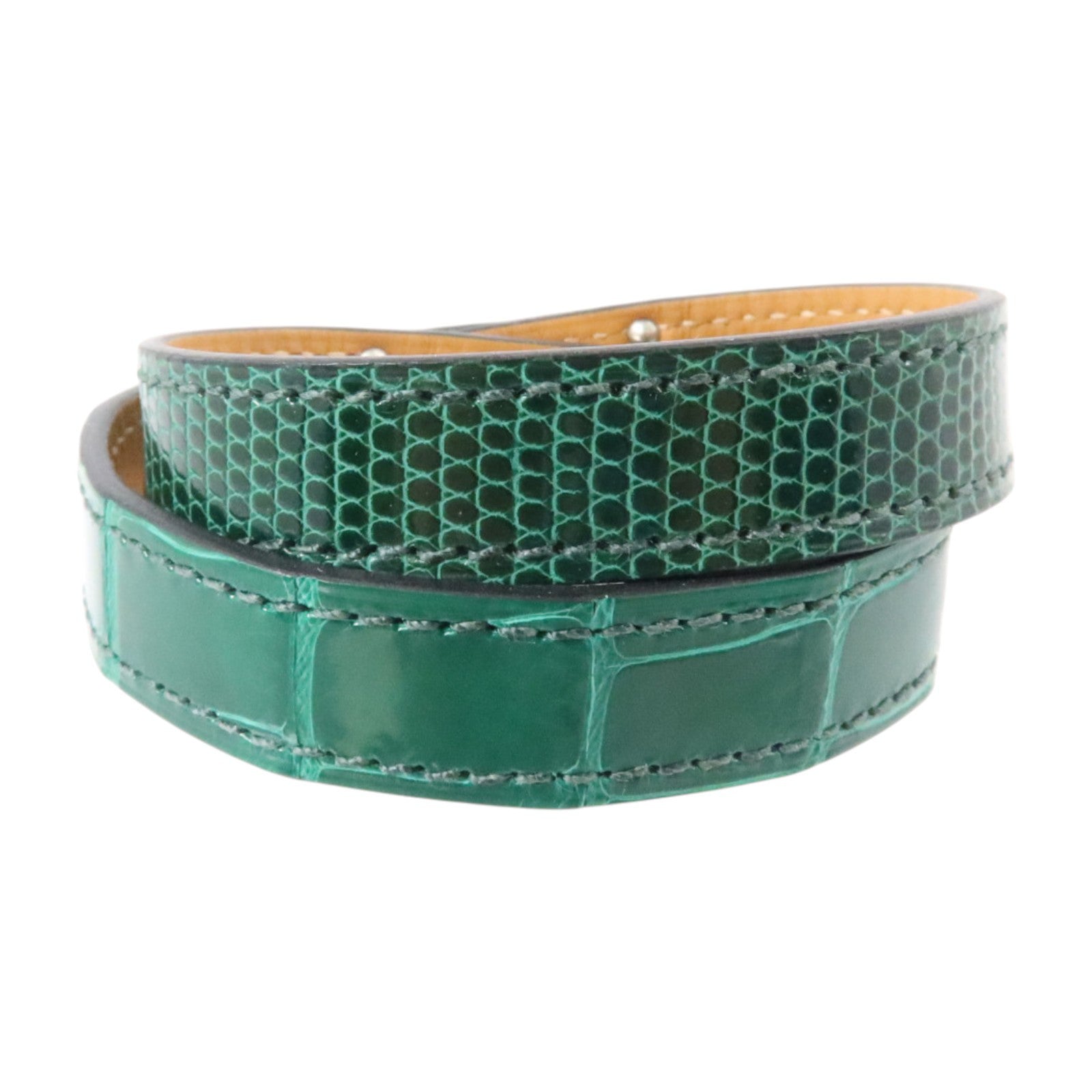 HERMES Alligator/蜥蜴皮革Kelly Double Tour Bracelet銀扣手鏈Vert Emerald