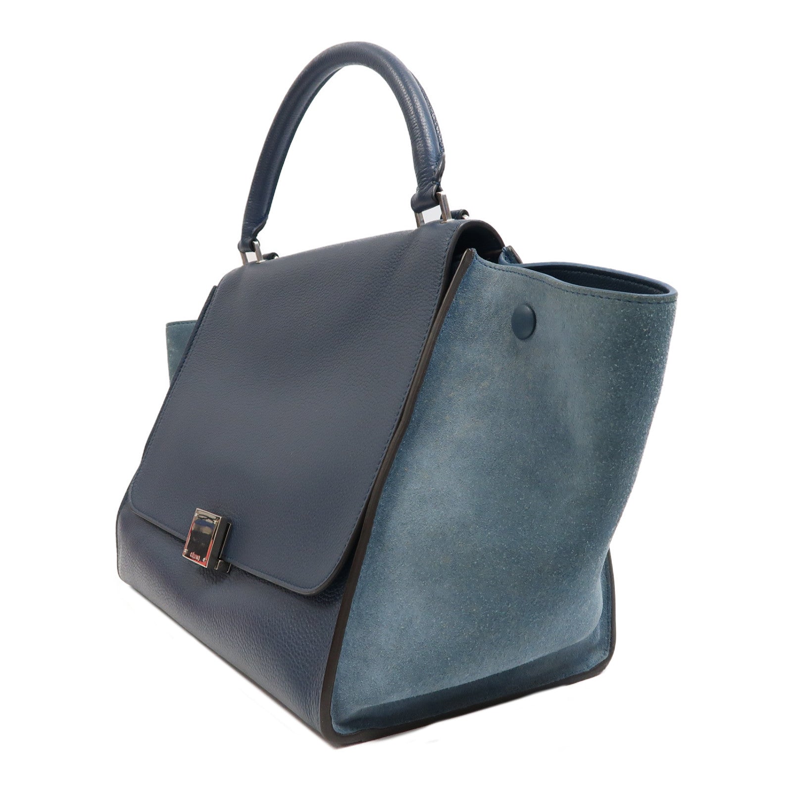 CELINE 牛皮皮革/麂皮皮革Trapeze銀扣手挽肩背兩用袋藍色