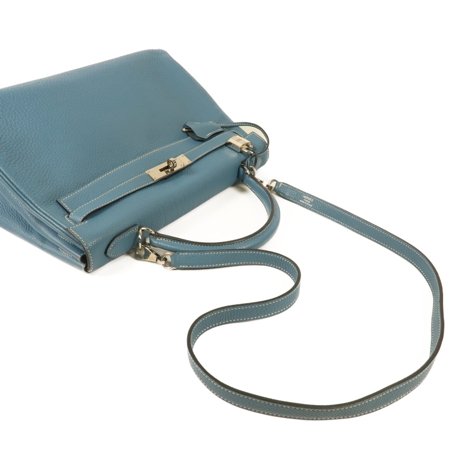 HERMES Togo皮革Kelly 32銀扣手挽肩背兩用袋Blue Jean