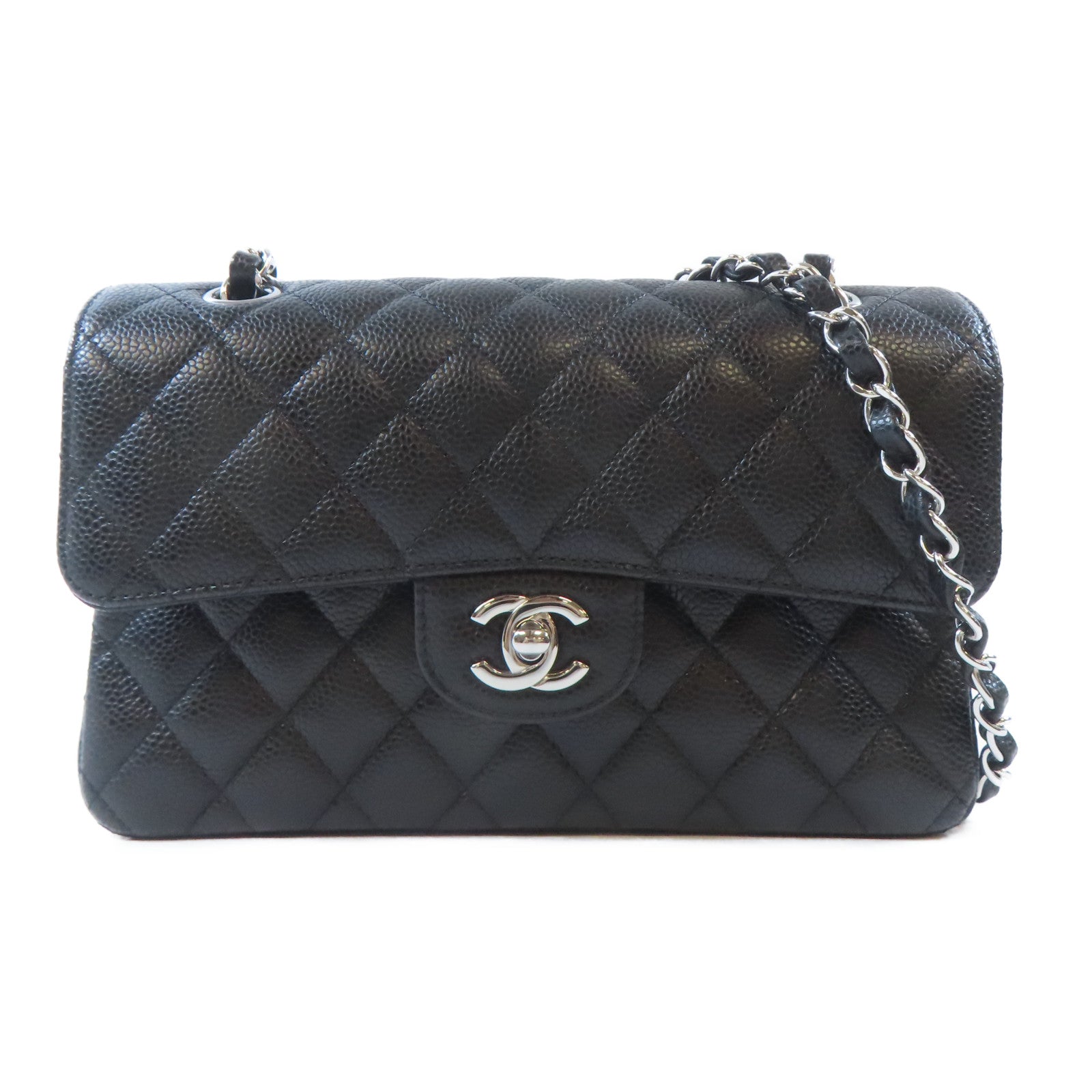 CHANEL 菱格牛皮皮革Classic 23cm銀扣鏈帶肩背袋黑色