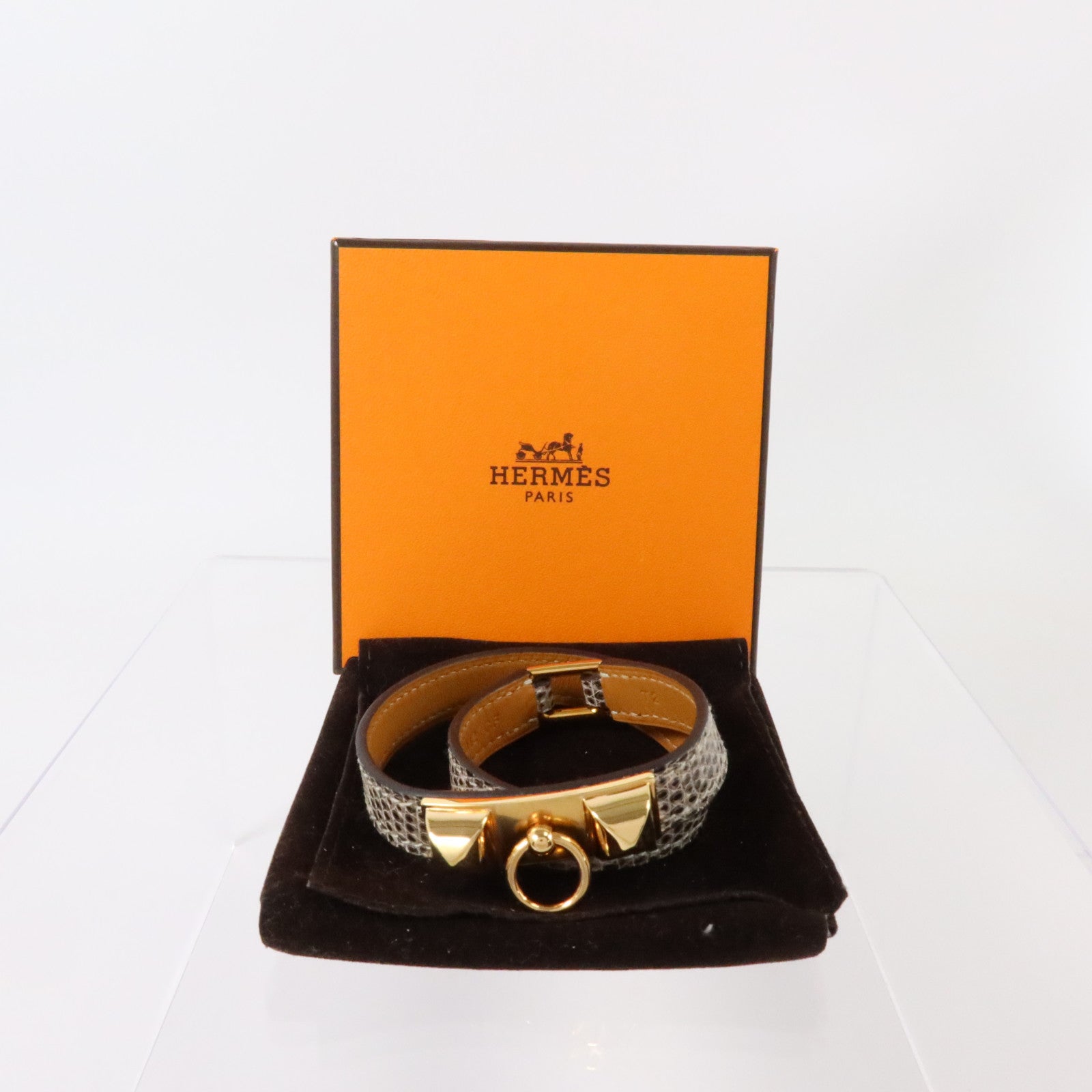 HERMES 蜥蜴皮革Rivale Double Tour Bracelet金扣手鏈Natura
