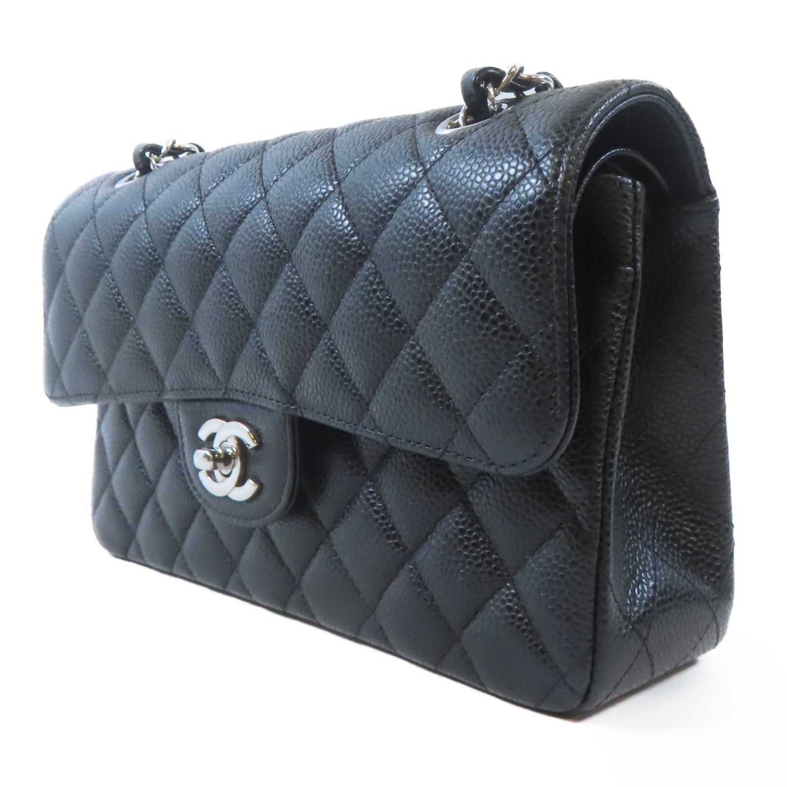 CHANEL 菱格牛皮皮革Classic 23cm銀扣鏈帶肩背袋黑色