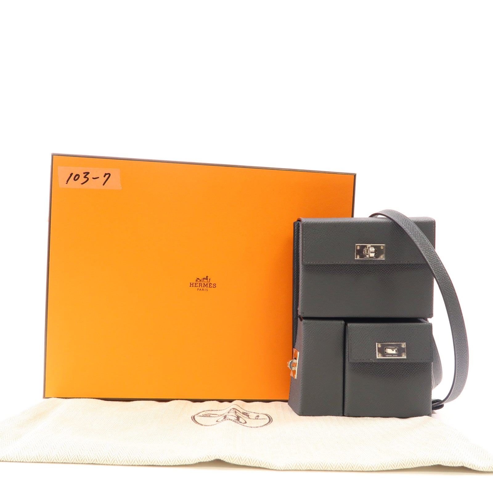 HERMES Epsom皮革Kelly Multipocket To Go銀扣肩背袋Gris Misty