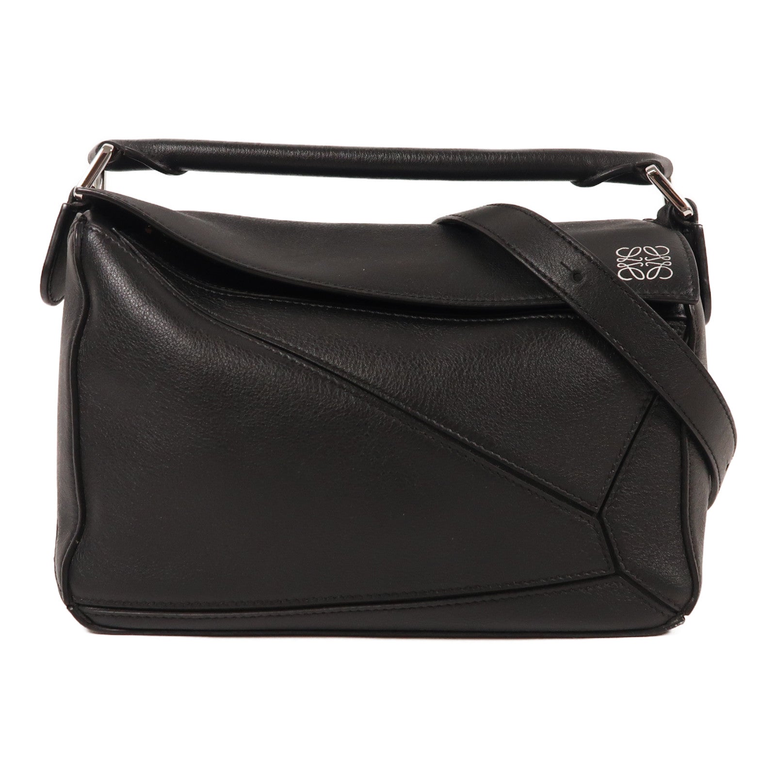 LOEWE 牛皮皮革Small Puzzle銀扣手挽肩背兩用袋黑色