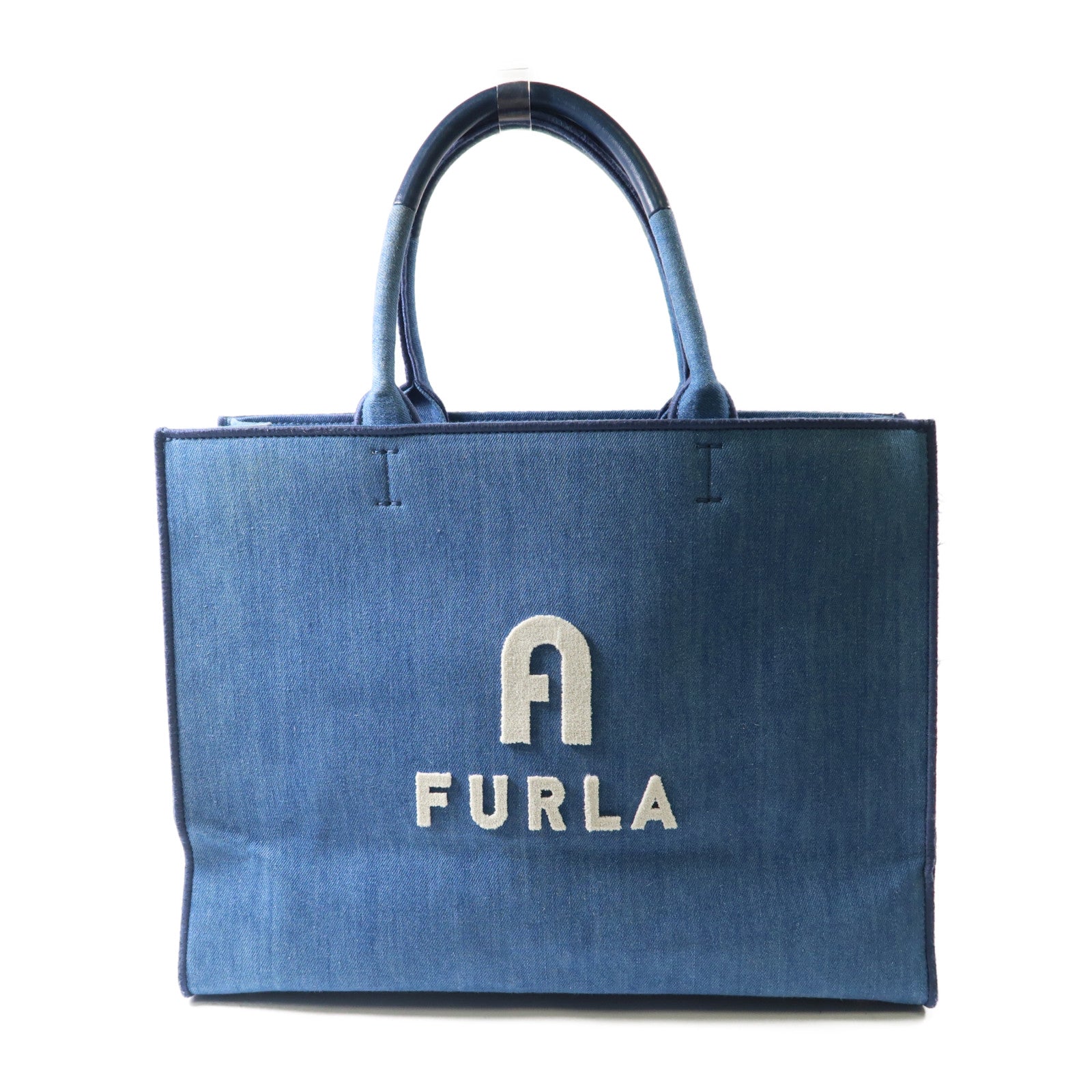 Furla 牛仔布Hand Bag銀扣手挽袋藍色