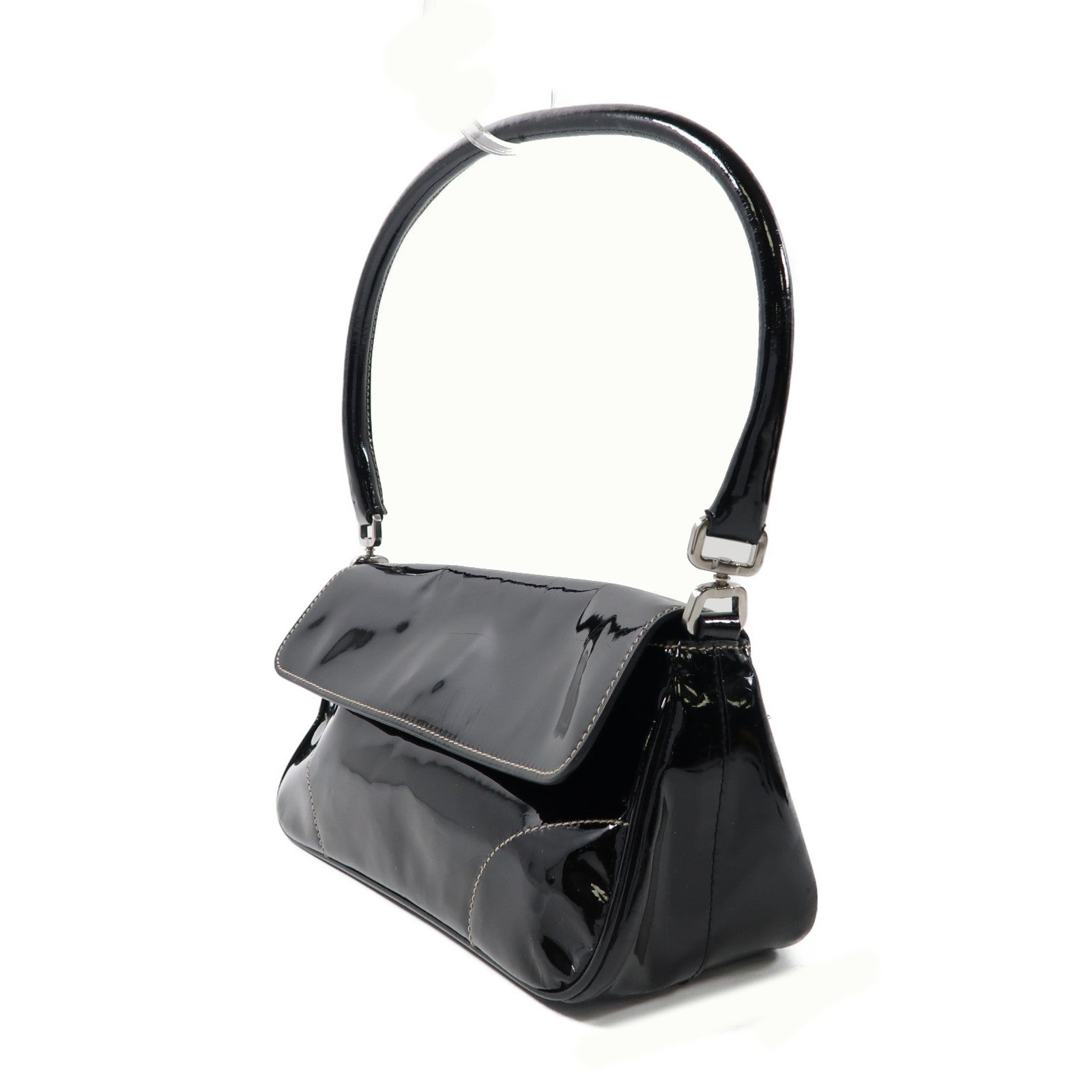 PRADA 【激減優惠】漆皮皮革Hand Bag銀扣肩背袋黑色