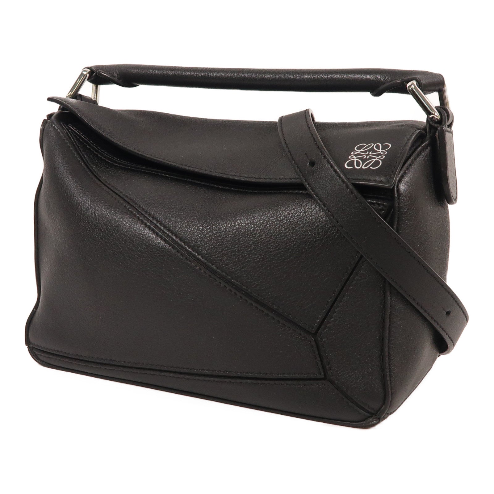 LOEWE 牛皮皮革Small Puzzle銀扣手挽肩背兩用袋黑色