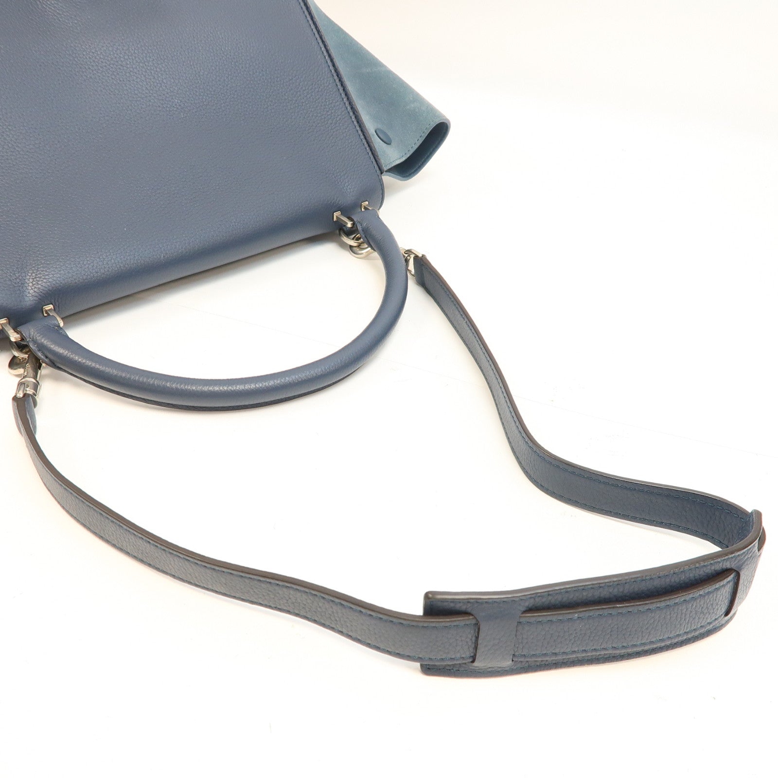 CELINE 牛皮皮革/麂皮皮革Trapeze銀扣手挽肩背兩用袋藍色