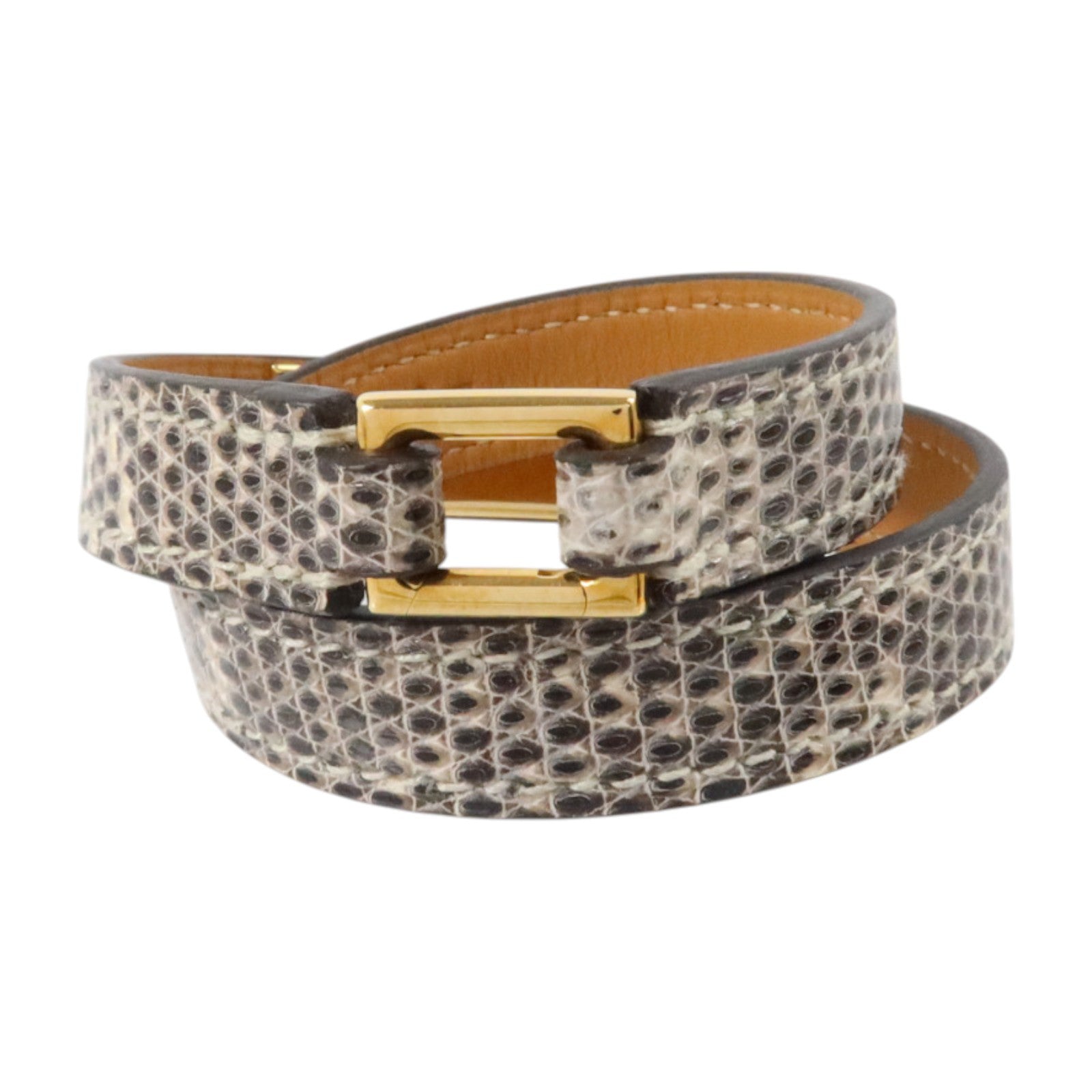 HERMES 蜥蜴皮革Rivale Double Tour Bracelet金扣手鏈Natura