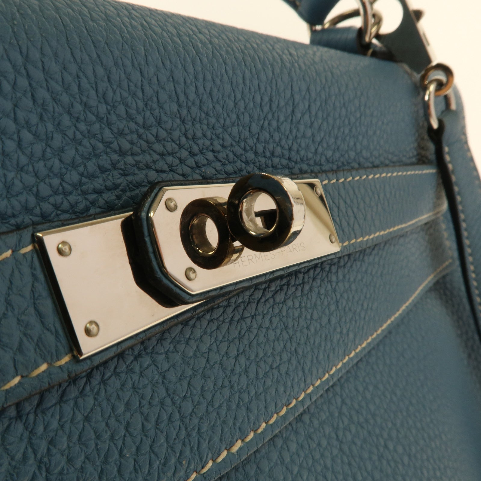 HERMES Togo皮革Kelly 32銀扣手挽肩背兩用袋Blue Jean