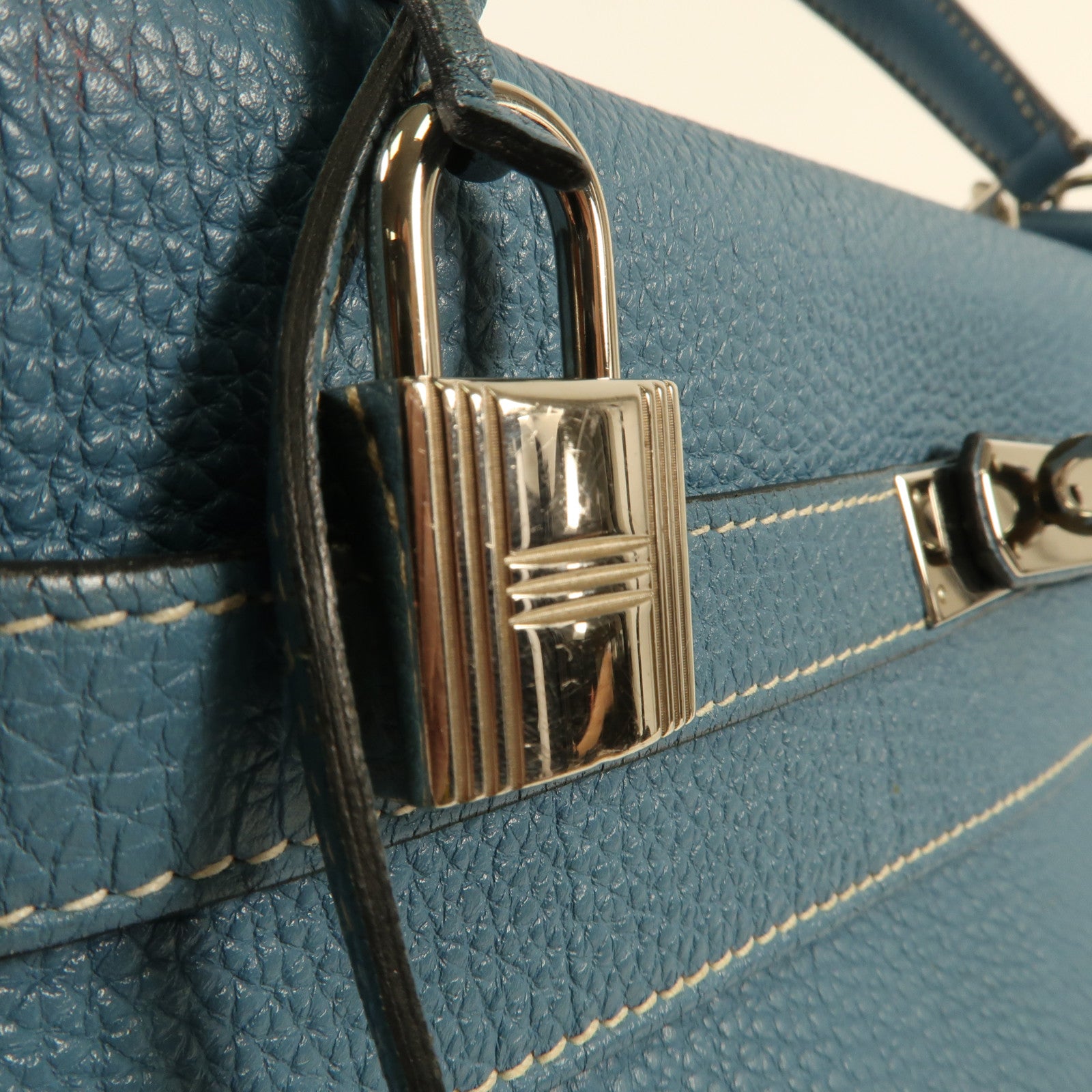 HERMES Togo皮革Kelly 32銀扣手挽肩背兩用袋Blue Jean