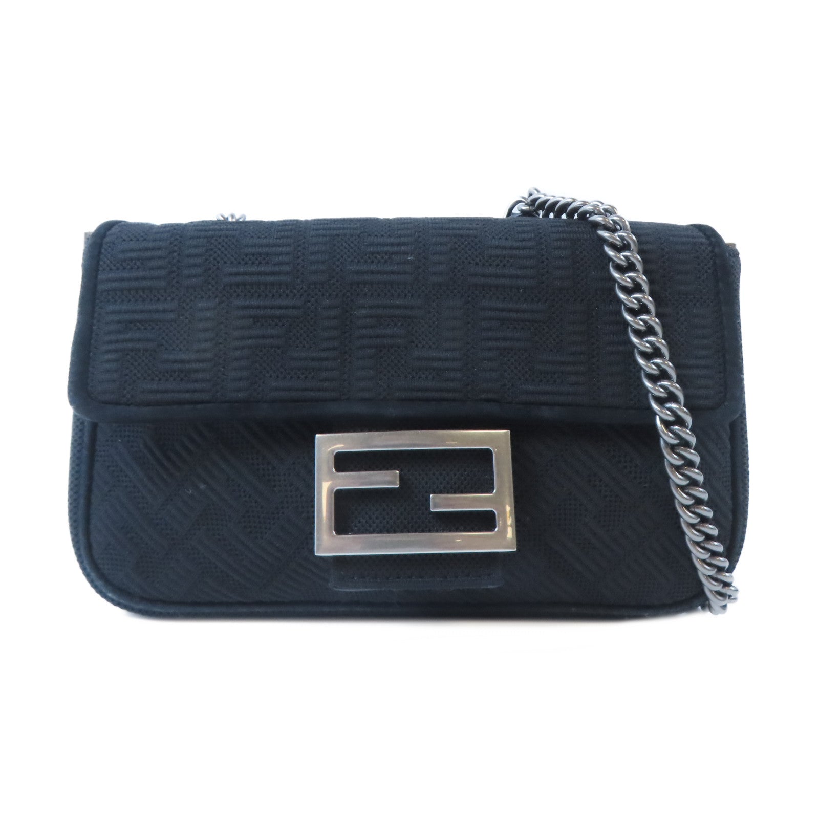 FENDI 帆布Chain Shoulder銀扣鏈帶肩背袋黑色