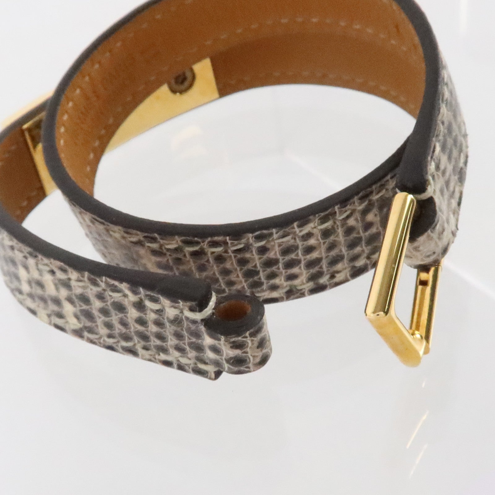 HERMES 蜥蜴皮革Rivale Double Tour Bracelet金扣手鏈Natura