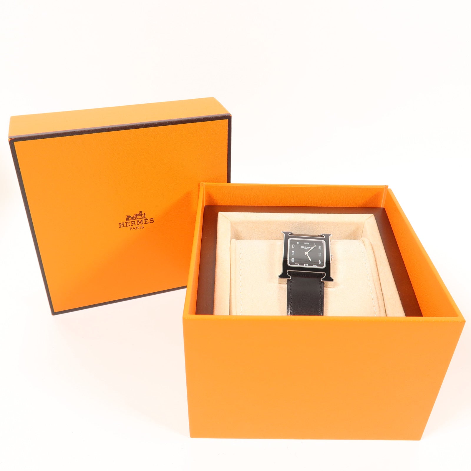 HERMES Heure H Watch不鏽鋼/皮革石英手錶黑色