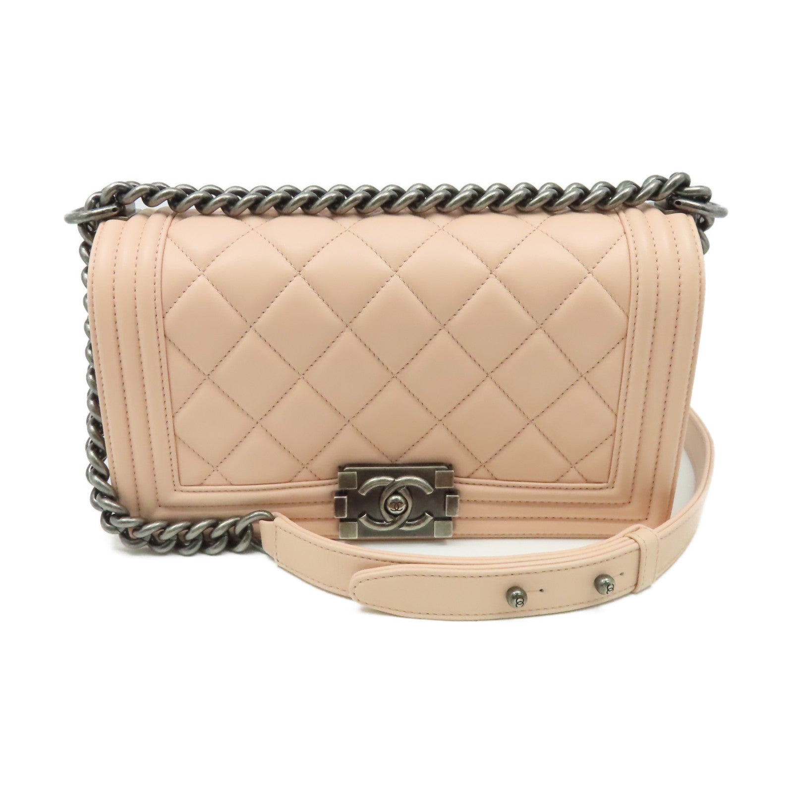 CHANEL 【激減優惠】菱格羊皮皮革Boy Chanel Cain Shoulder Bag銀扣鏈帶肩背袋粉紅色